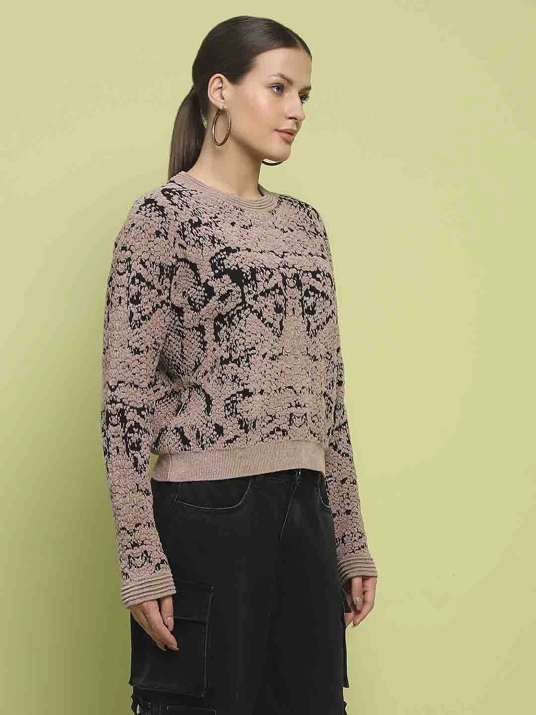 Madame Printed Crew Neck Full Sleeve Brown Sweater Comfy Touch Effortless Layer