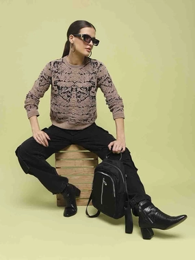 Madame Printed Crew Neck Full Sleeve Brown Sweater All-Day Wear Temperature Regulating Fabric