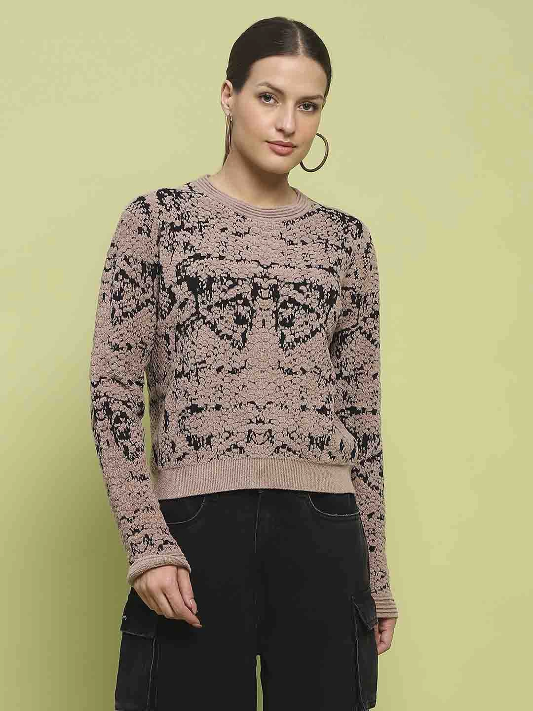 Madame Printed Crew Neck Full Sleeve Brown Sweater Layered Style Wear