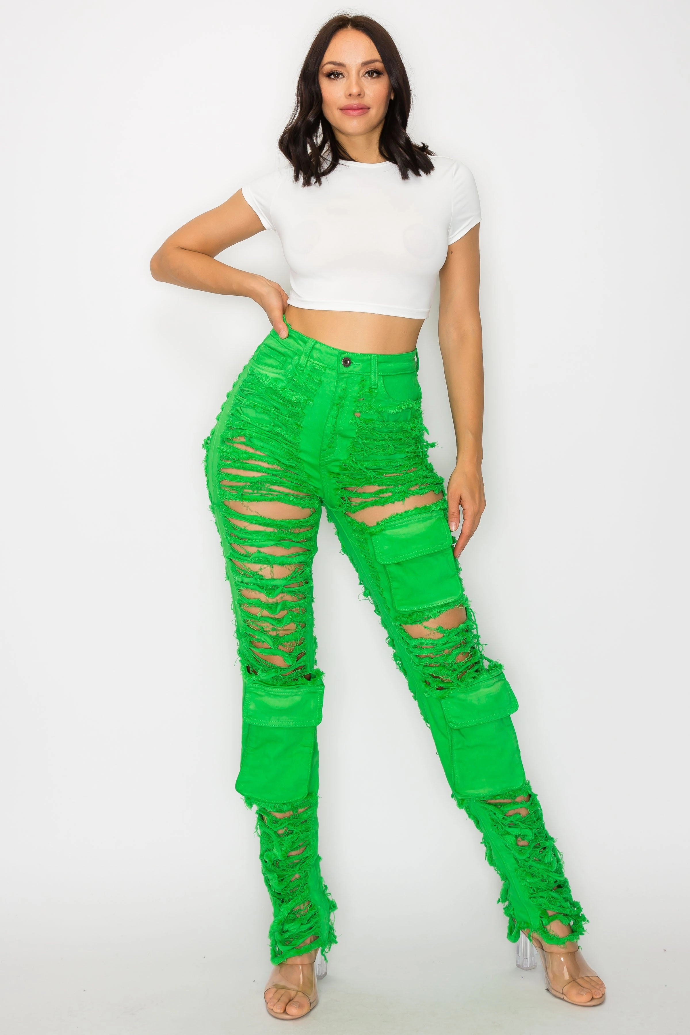 Balanced Look Friction Free Inner Lining 40569 Women's Shredded Multi Pocket Cargo Jeans