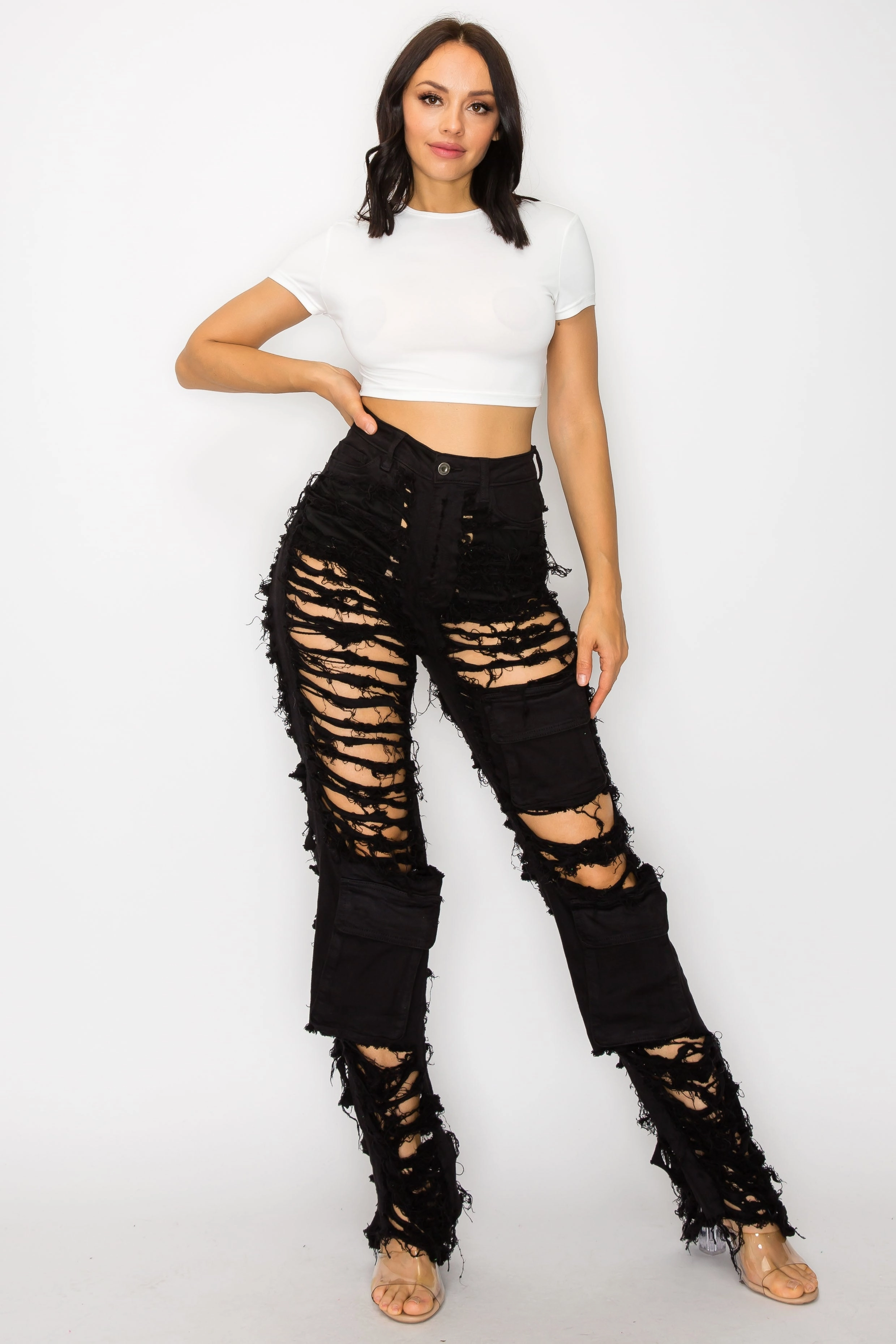 Relaxed Waist Fit Premium Look 40569 Women's Shredded Multi Pocket Cargo Jeans