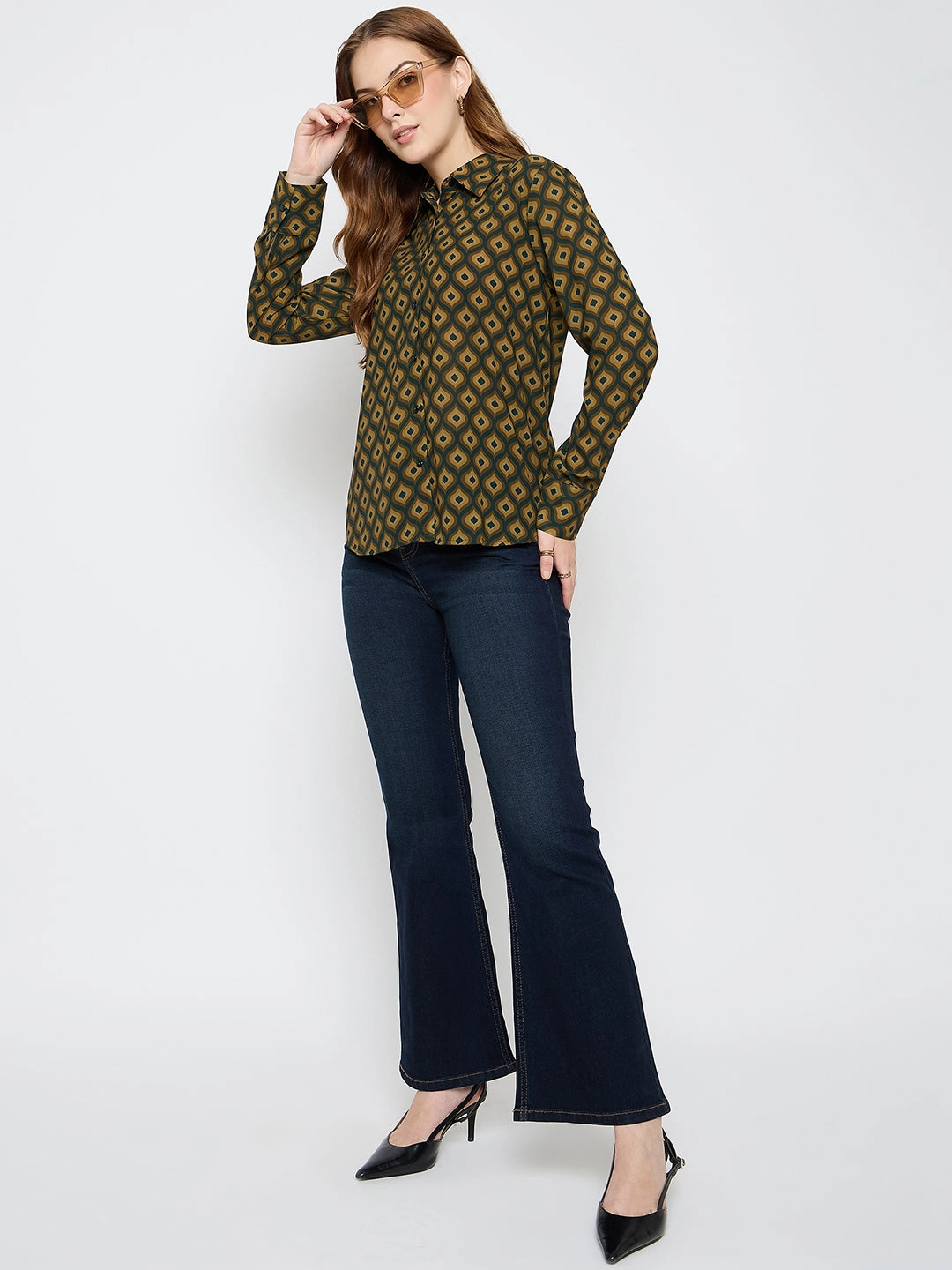 Madame Geometric Print Mustard Yellow Shirt Polished Style Autumn Look