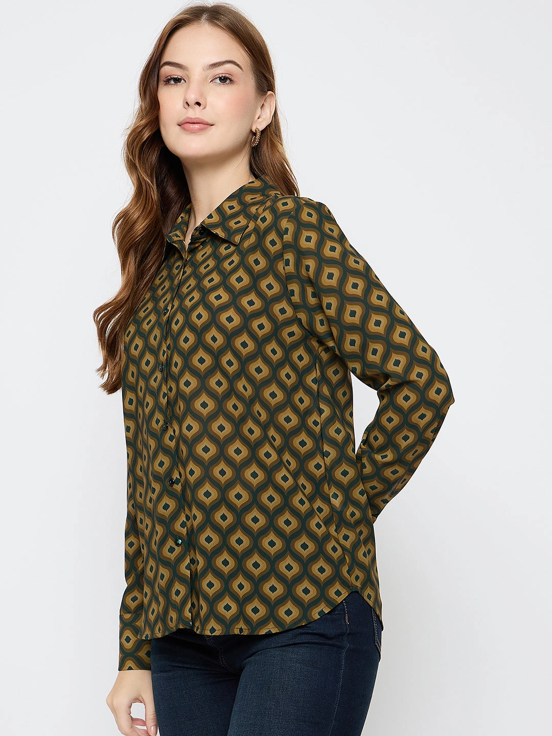 Madame Geometric Print Mustard Yellow Shirt Durable Material Flexible Mobility