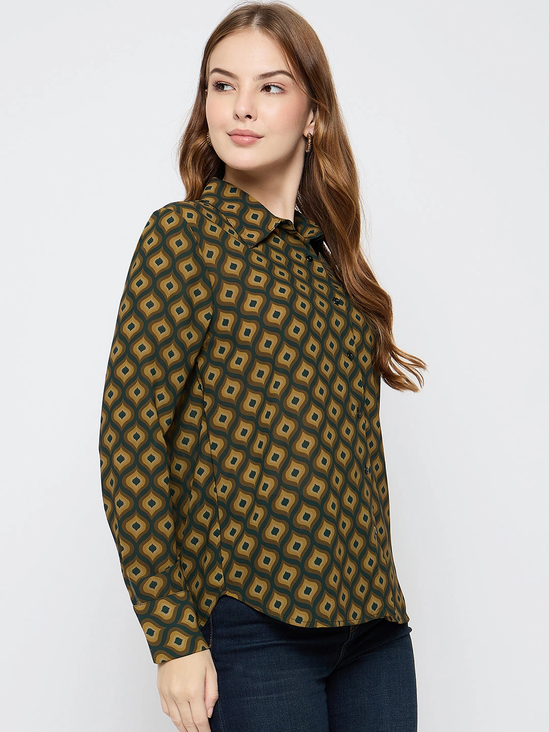 formal dinner Madame Geometric Print Mustard Yellow Shirt