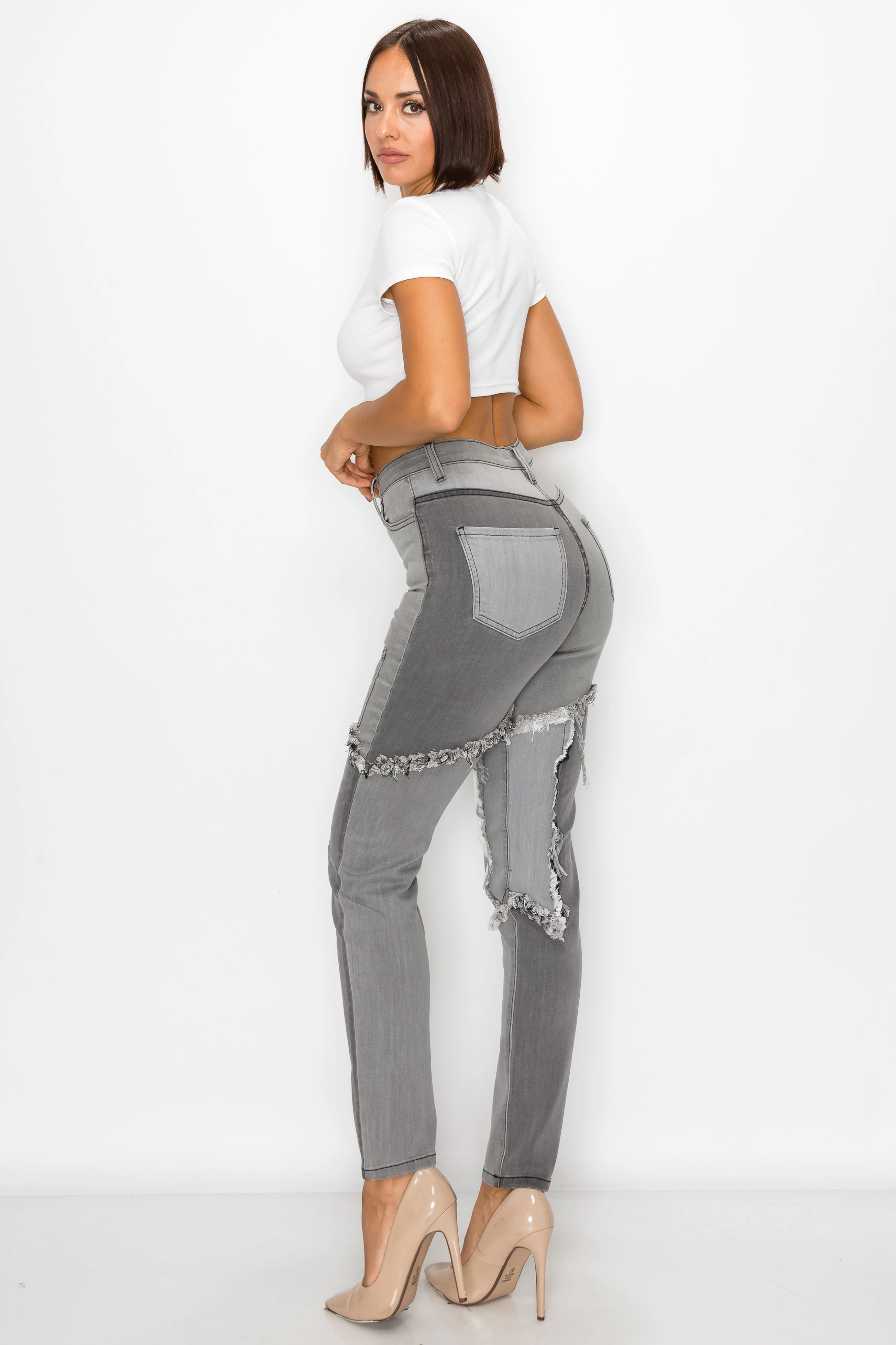 Autumn Days Parent Style Bold 40224 Wome's High Waisted Two Tone Frayed Seam Skinny Jeans