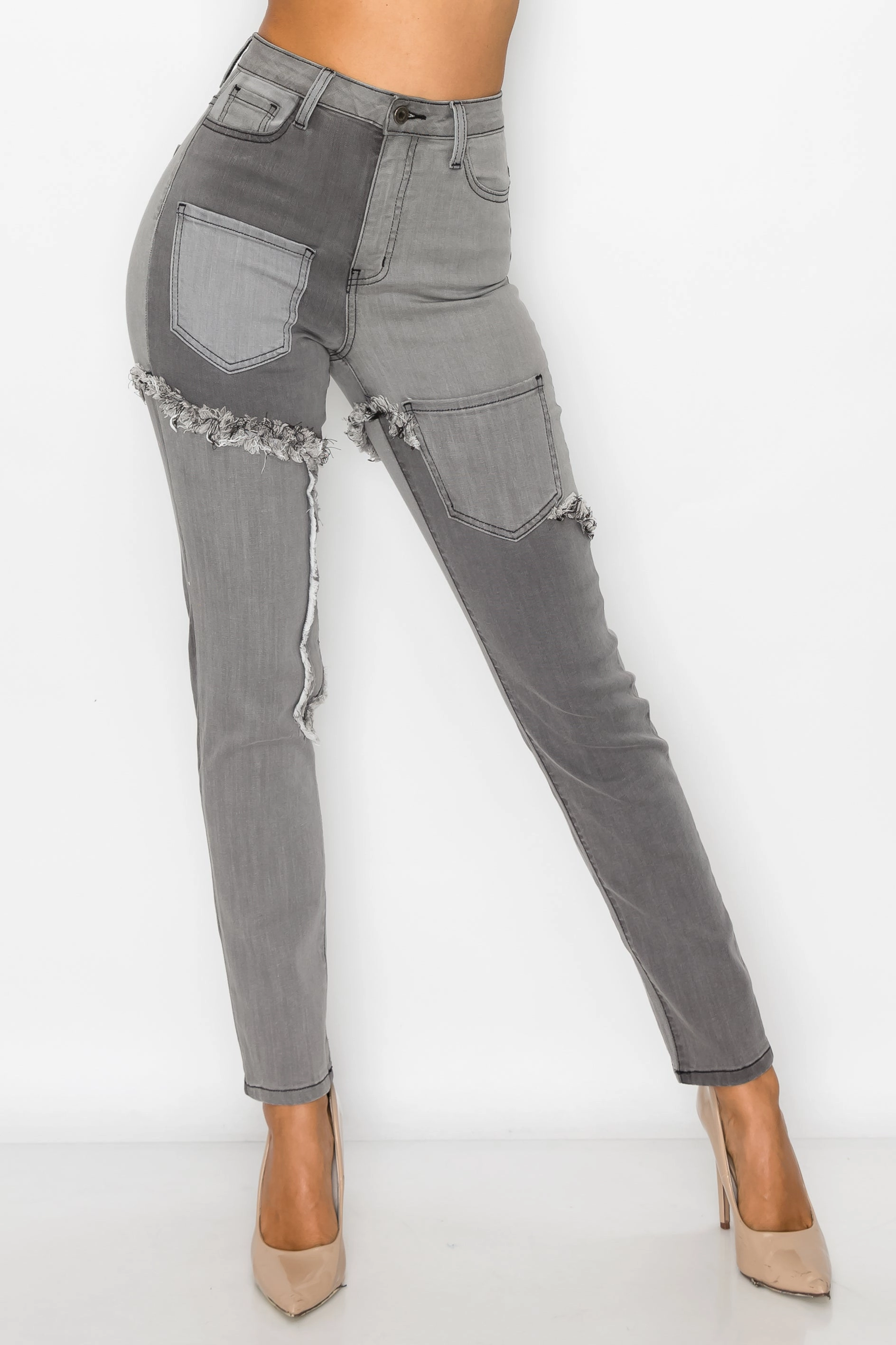 40224 Wome's High Waisted Two Tone Frayed Seam Skinny Jeans Sharp Finish Comfy Home Comfort Weekend Getaway