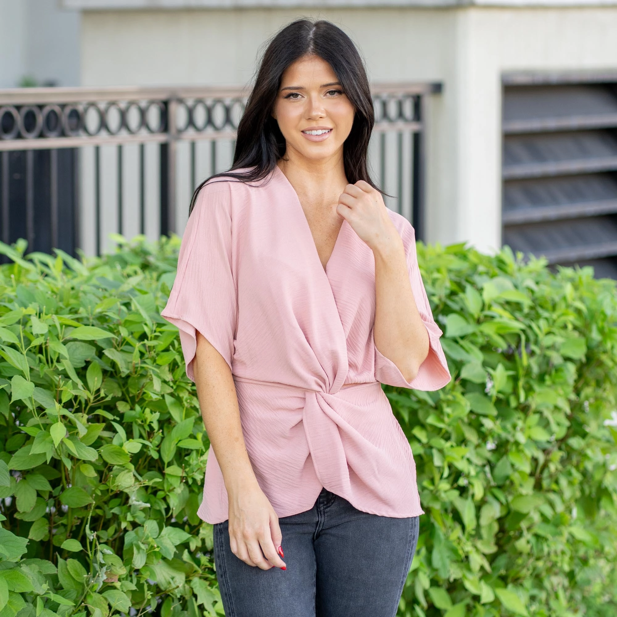 Vanilla Bay Phoenix Twist Front Dolman Knit Top ?C Dusty Pink Customizable Option Subtle Details