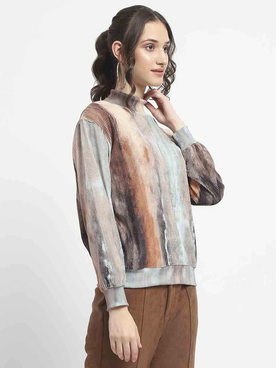 Moisture Wicking Technology Yarn Dyed Pattern Cloth Madame Marble Print Full Sleeve Mock Neck Brown Top