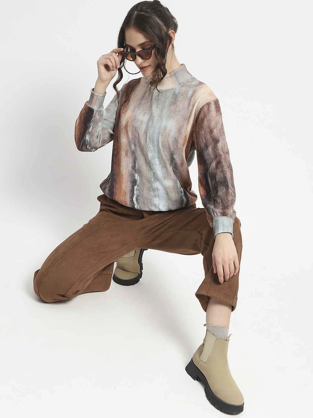 Madame Marble Print Full Sleeve Mock Neck Brown Top Relaxed Silhouette