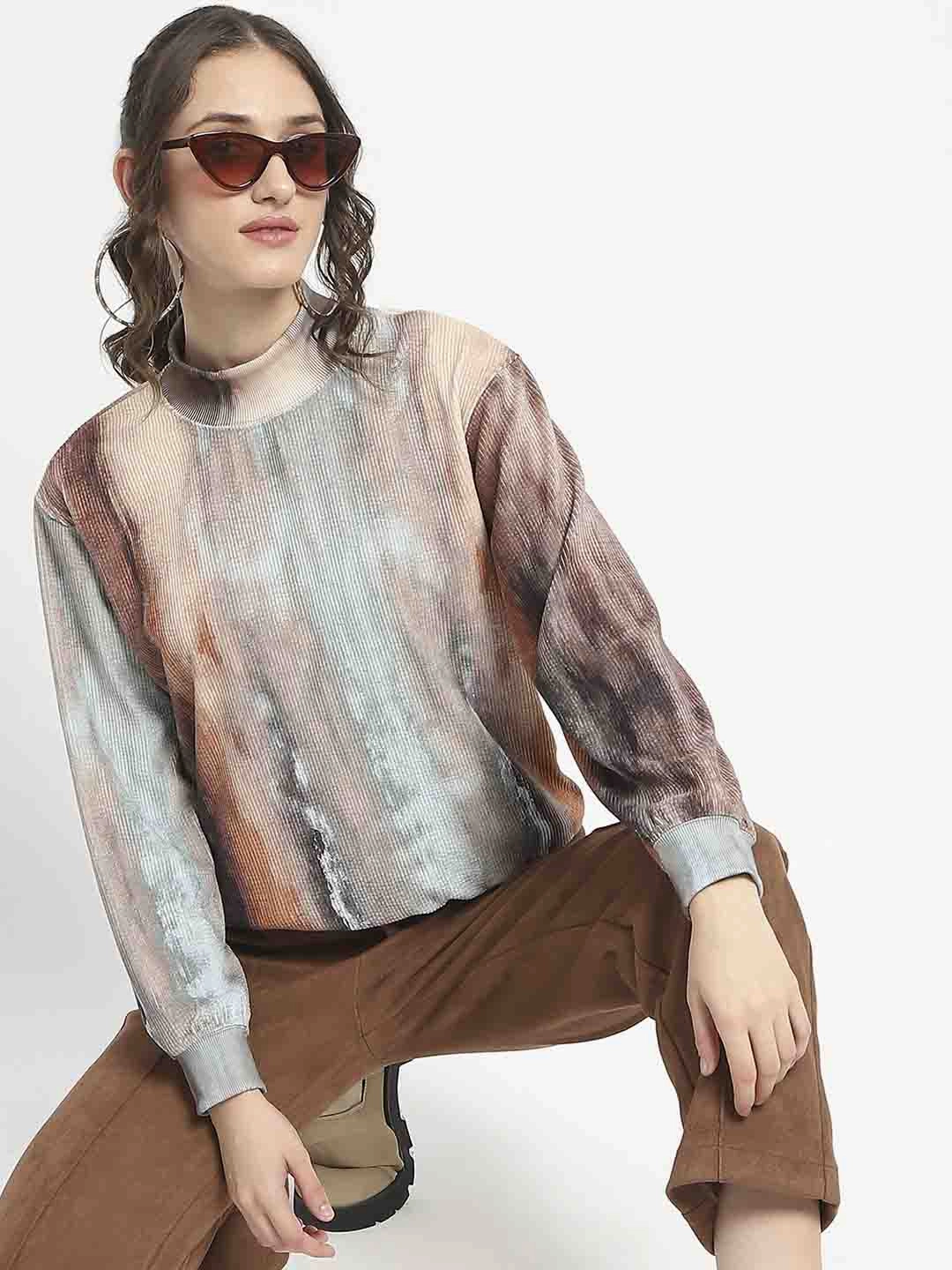 Madame Marble Print Full Sleeve Mock Neck Brown Top Everyday Jacket NonRestrictiveCut