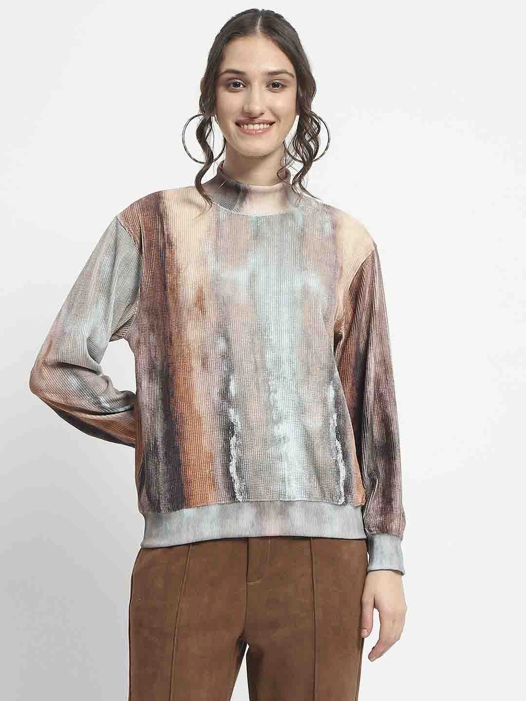Circular Knit AllDay Comfort Tech Madame Marble Print Full Sleeve Mock Neck Brown Top