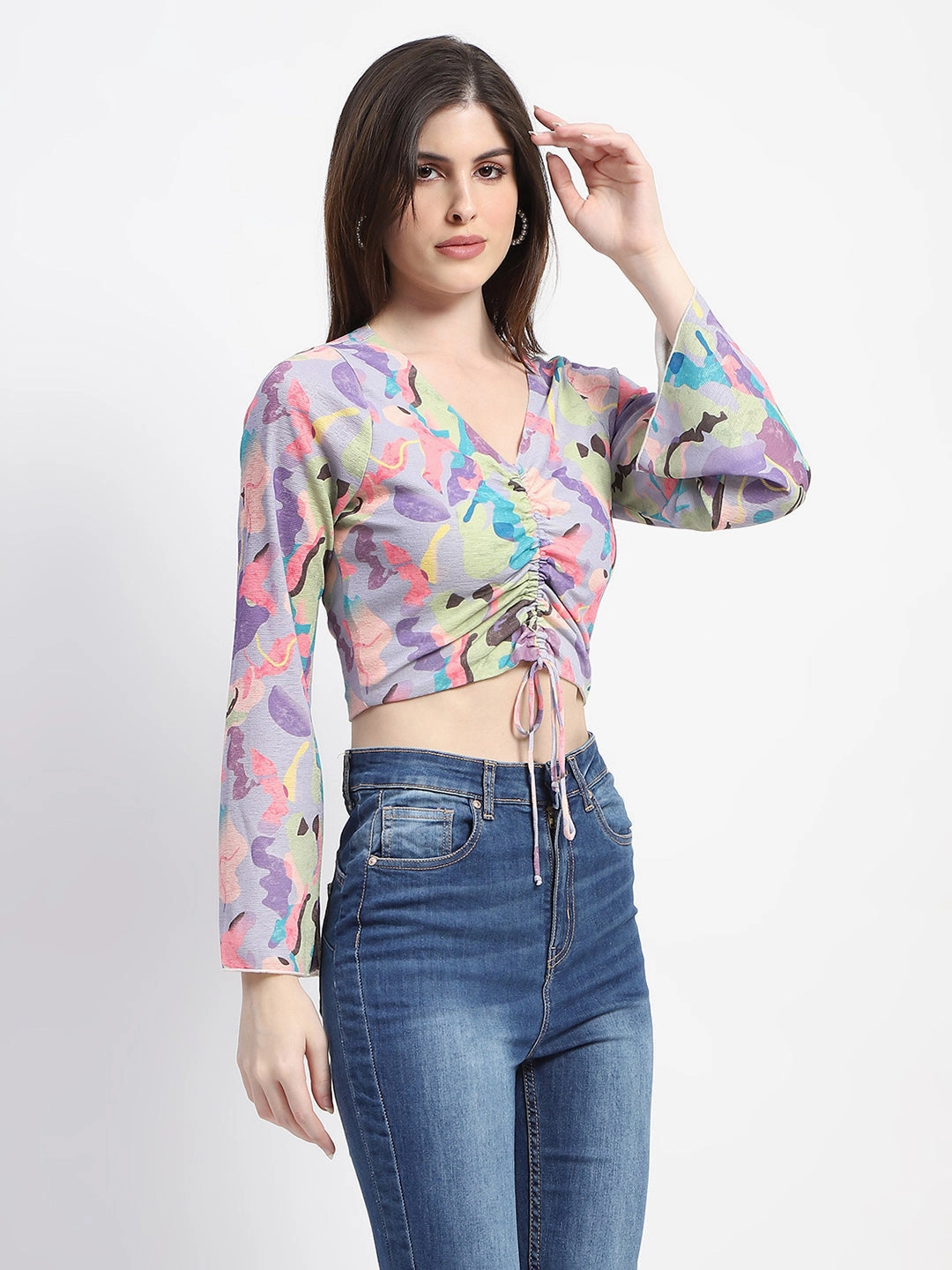 Madame Ruched Abstract Print Bell Sleeves Lilac Crop Top Stretch Knit Material Adaptive Waistband
