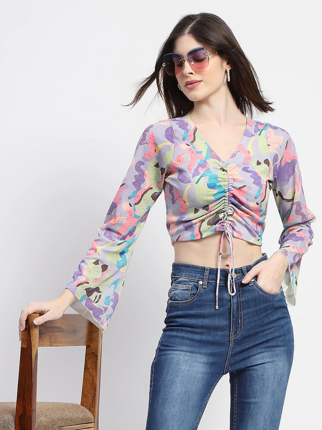 Modern Polo Madame Ruched Abstract Print Bell Sleeves Lilac Crop Top
