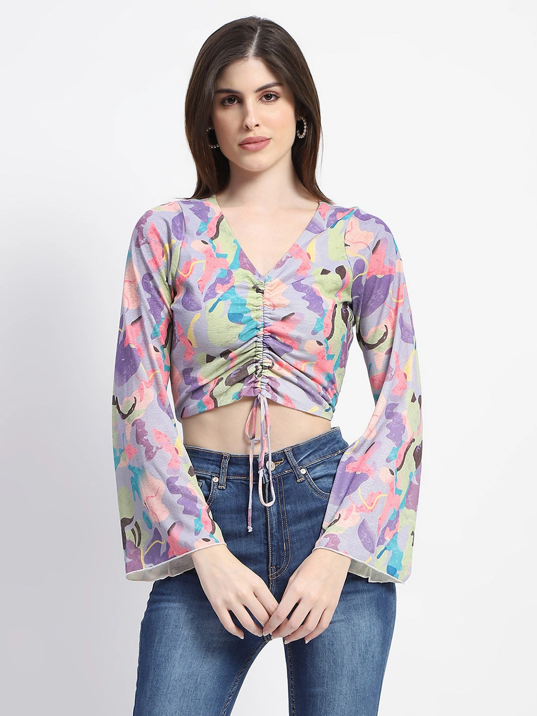 EcoFriendlyBlend Wear Resistant Edge Madame Ruched Abstract Print Bell Sleeves Lilac Crop Top