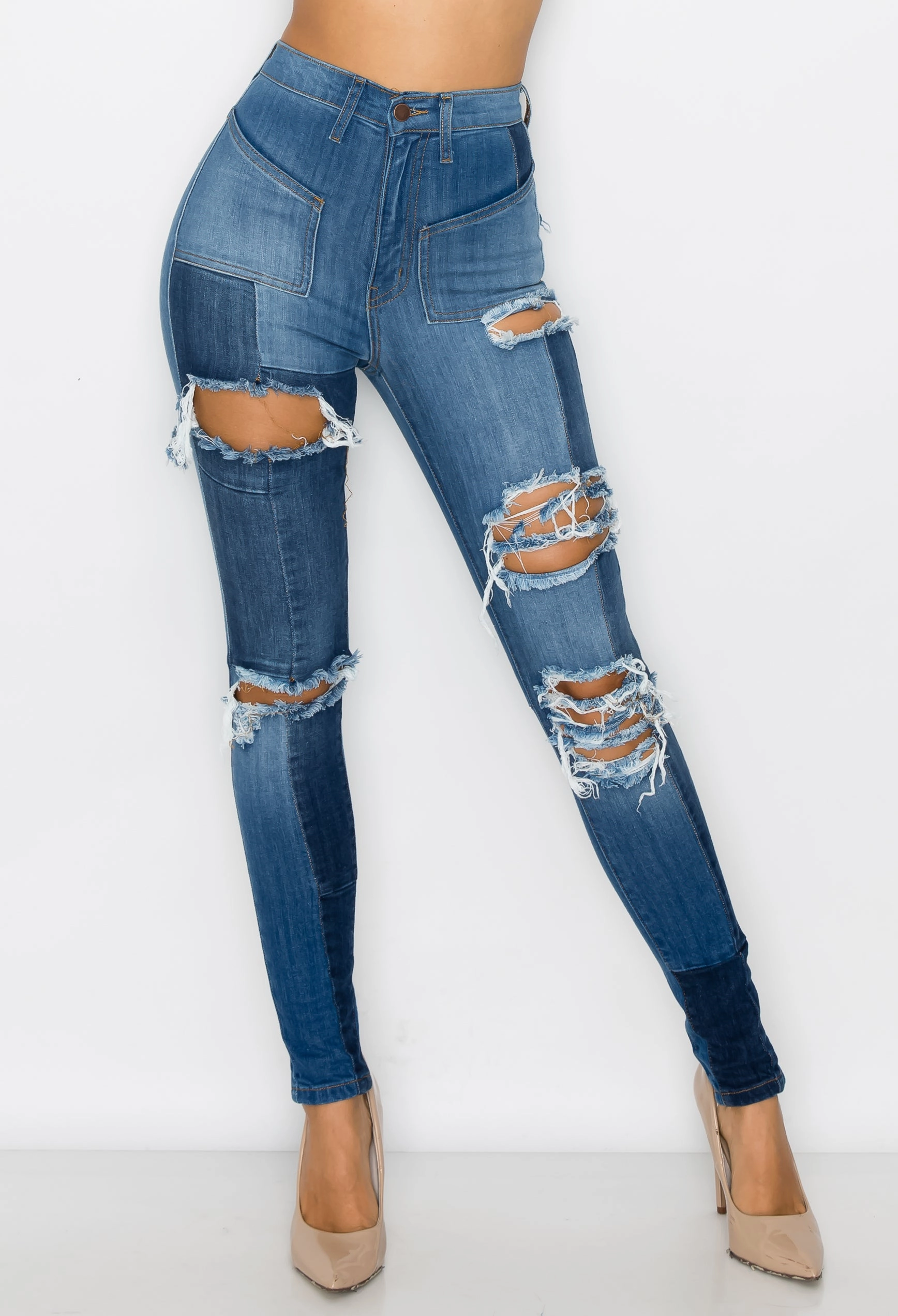 Workwear Ready Day Ready 40343 Women's High Waisted Distressed Multi Panel Patchwork Skinny Jeans