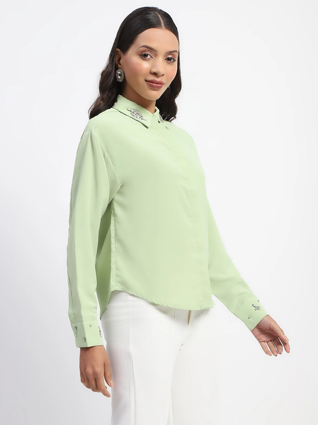 Neutral Tones Breathable Lining Madame Collar And Sleeve Embellished Green Shirt