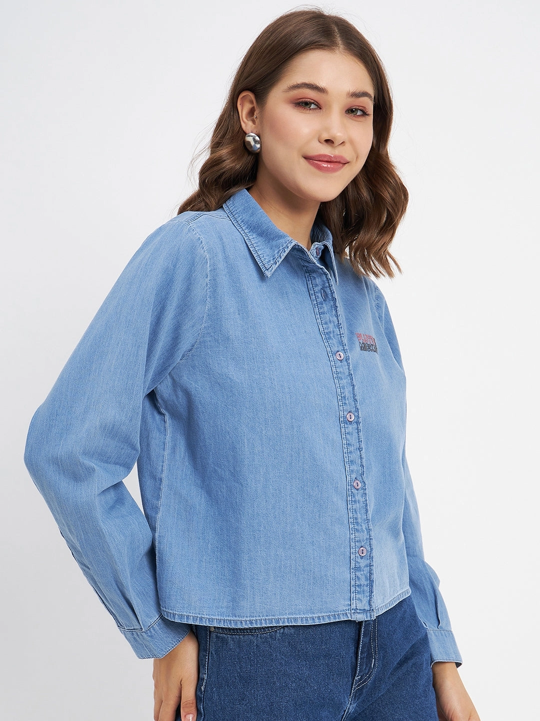 Madame Typography Print Collared Cotton Blue Shirt Tagless Labeling