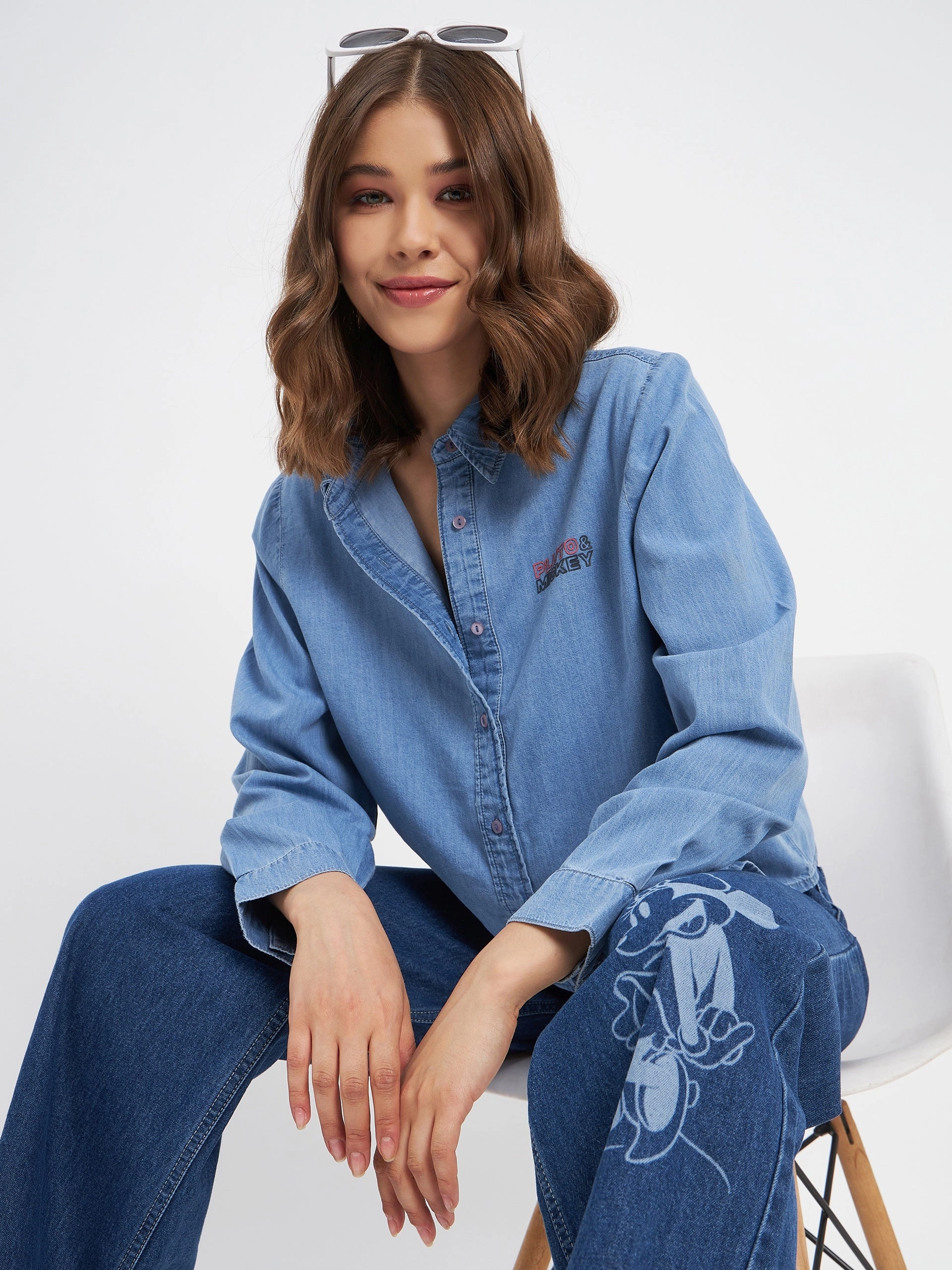 Chic Option Madame Typography Print Collared Cotton Blue Shirt