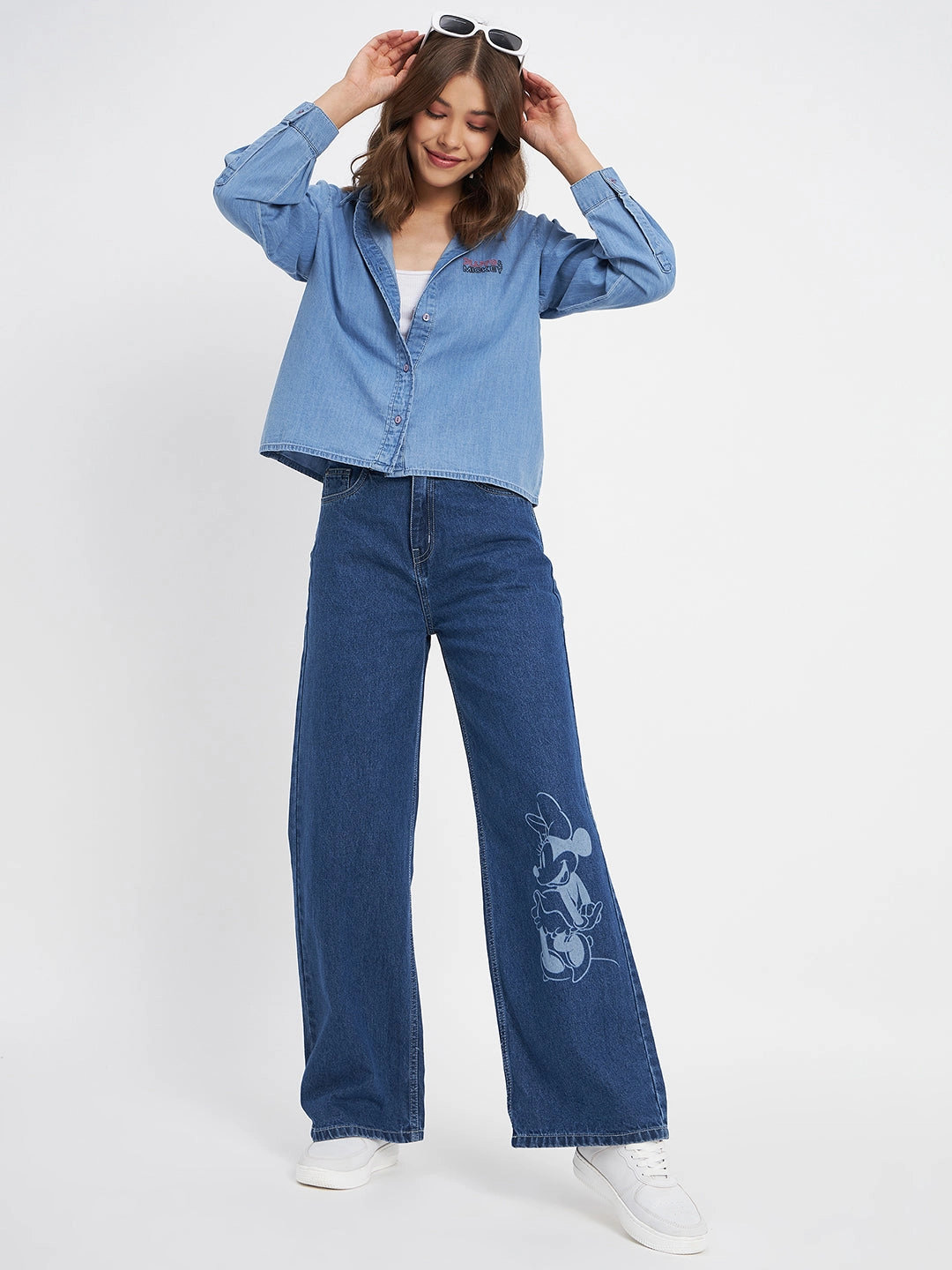 Madame Typography Print Collared Cotton Blue Shirt Trendsetting