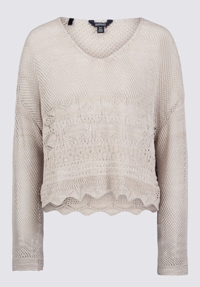Double Layered Collars Cornelia Women's Crochet Cropped Sweater, Tan - SW0056S