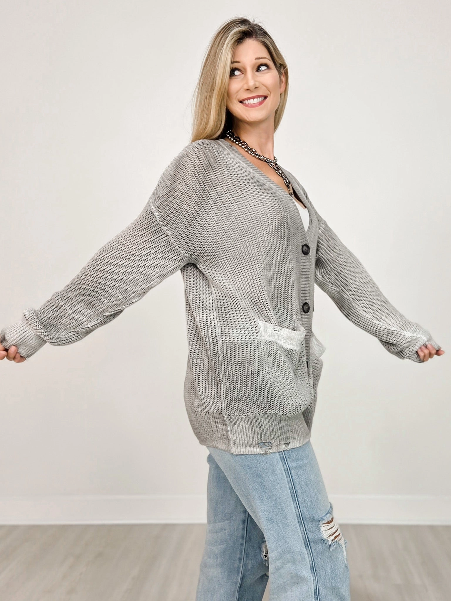 Thermal regulation Long Sleeve Cardigan with Button Front and Distressed Hem