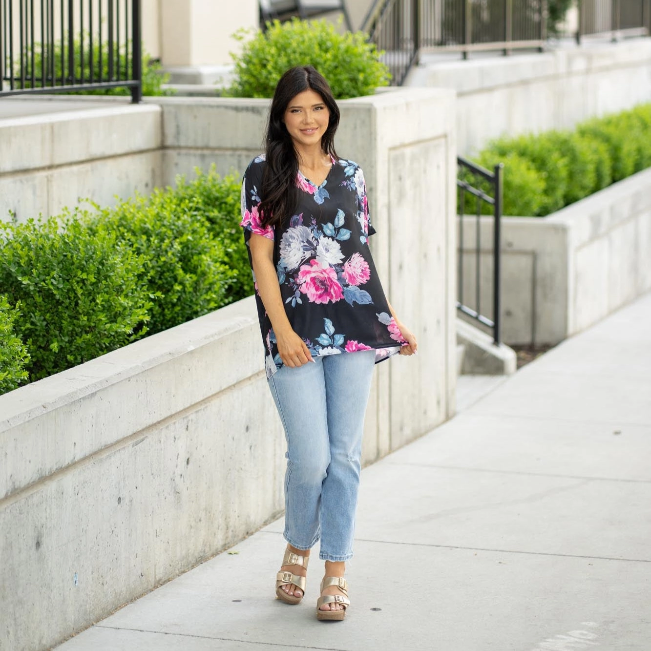 Floral Print Relaxed Woven V Neck Top Versatile Style Trend