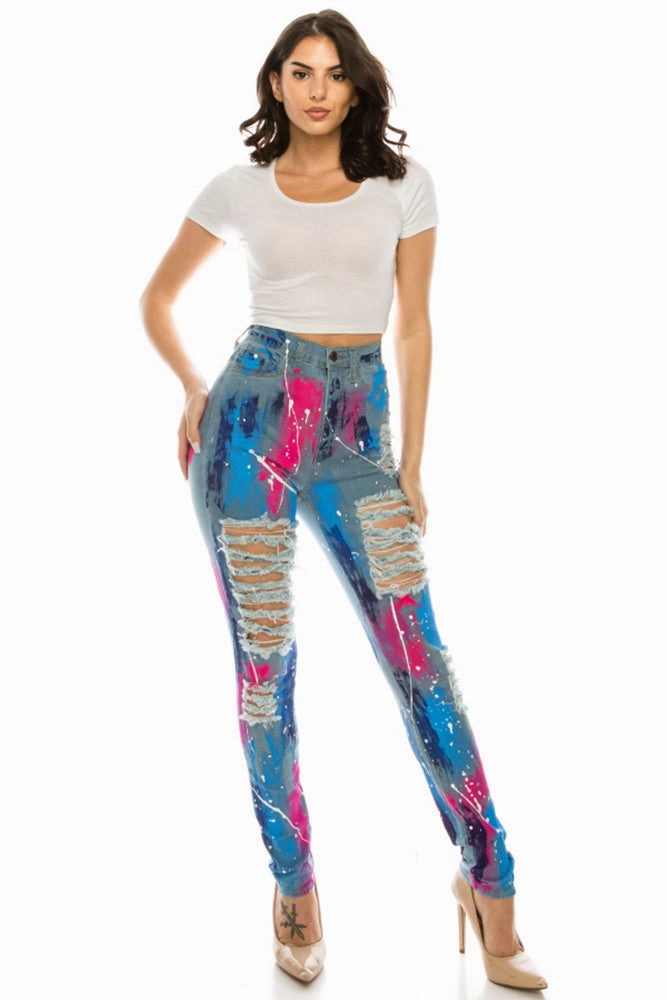 Fit And Easy 4546 Super High Waisted Distressed Painted Skinny Jeans