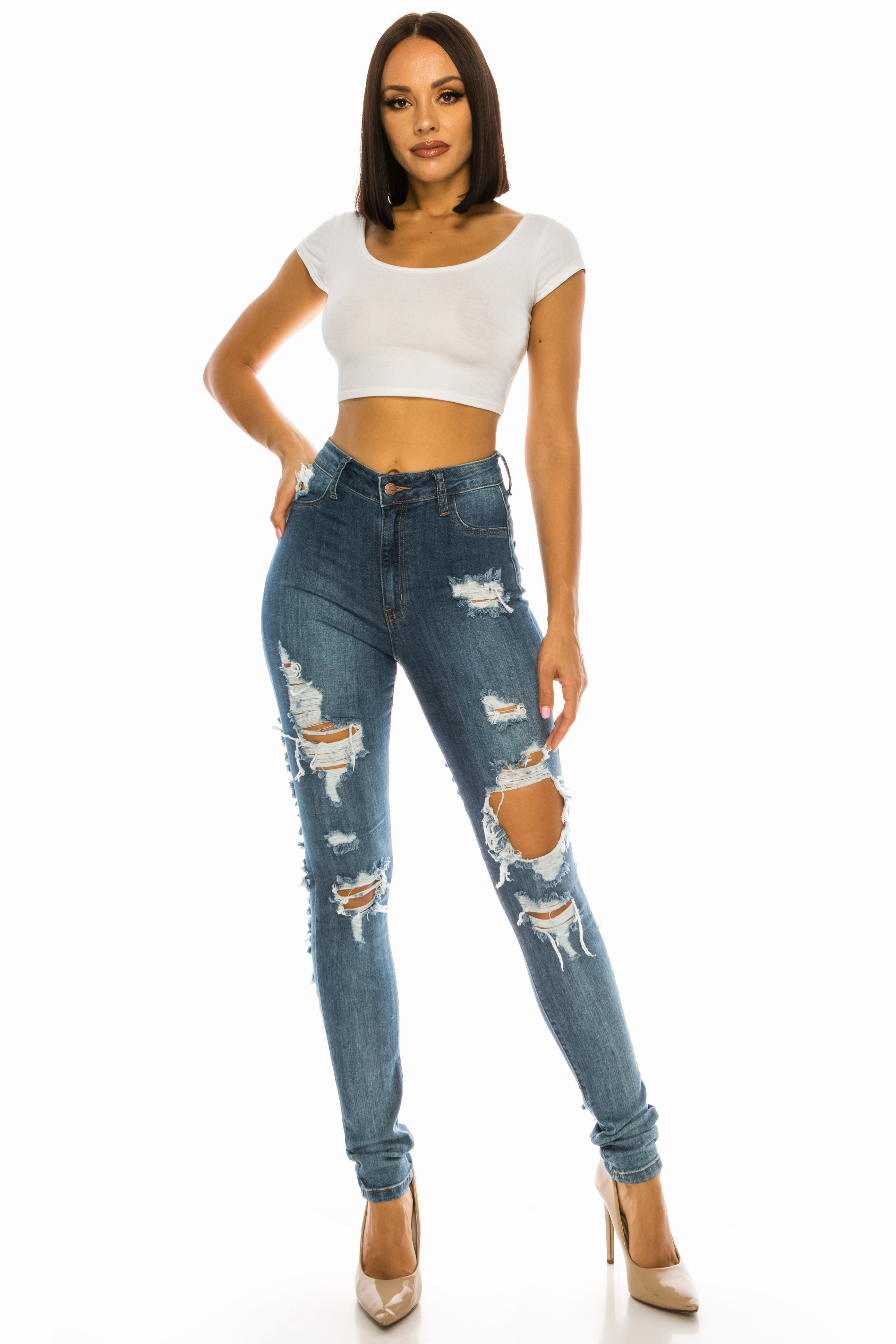 4877 Women's High Waisted Distressed Skinny Jeans with Cut Outs Lightweight Material Minimalist Traveler Gear Bold Look
