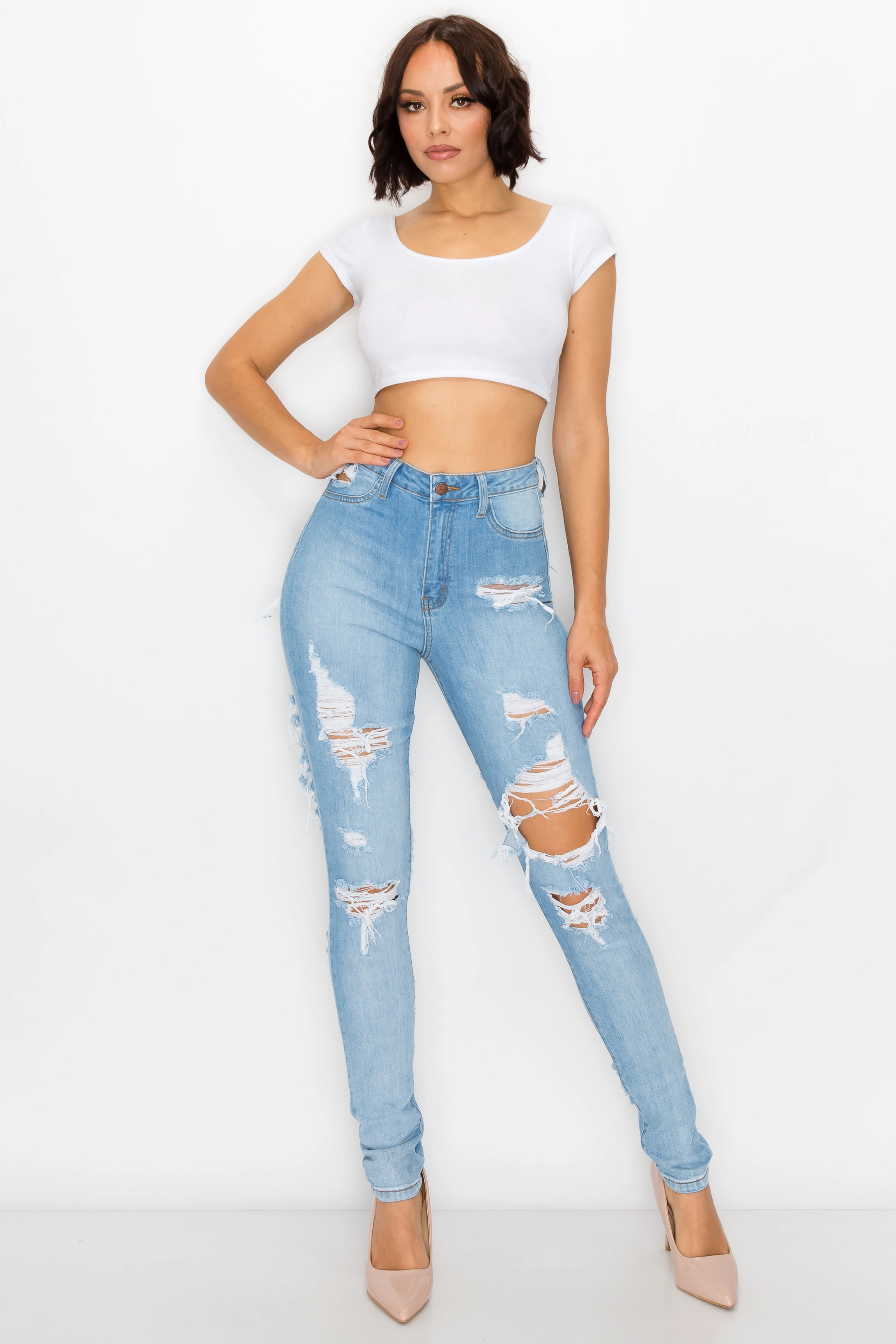 4877 Women's High Waisted Distressed Skinny Jeans with Cut Outs Go Out Style