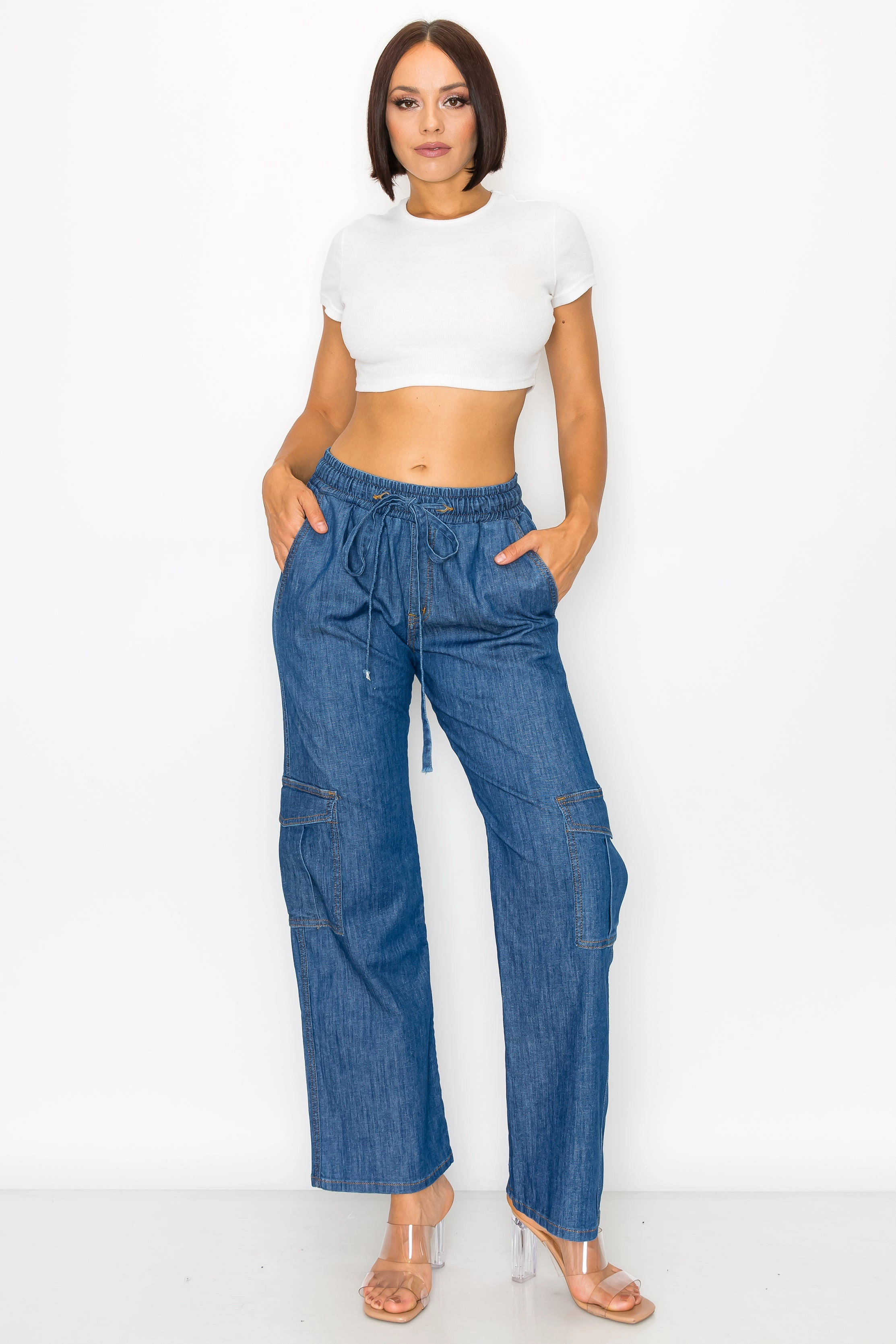 40481 Women's Denim Wide Leg Cargo Pants with Waistband Durable Weave Routine Style