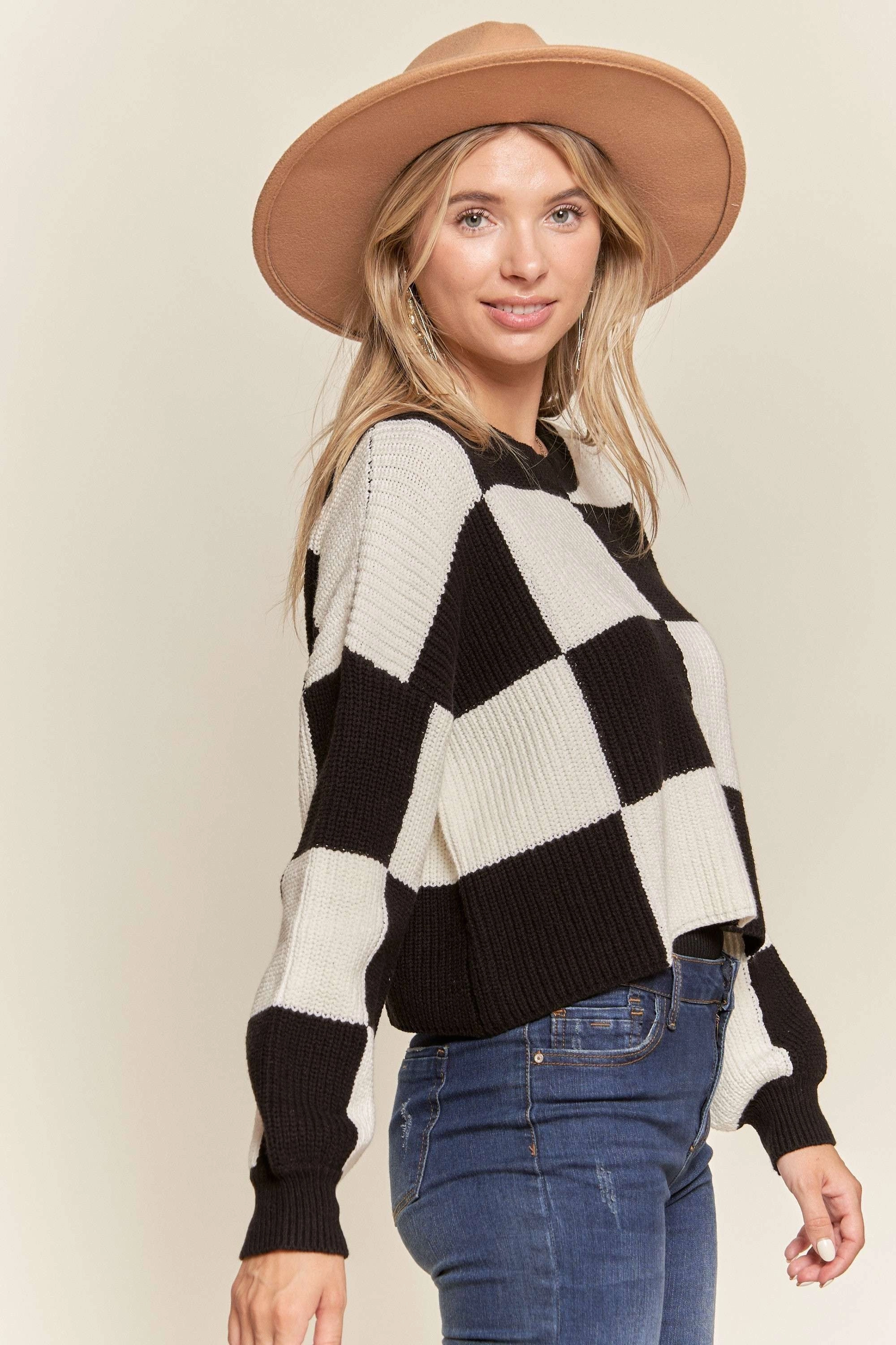 Heather Effect Finish Comfy Cropped Black & White Checkered Knit Sweater Top*