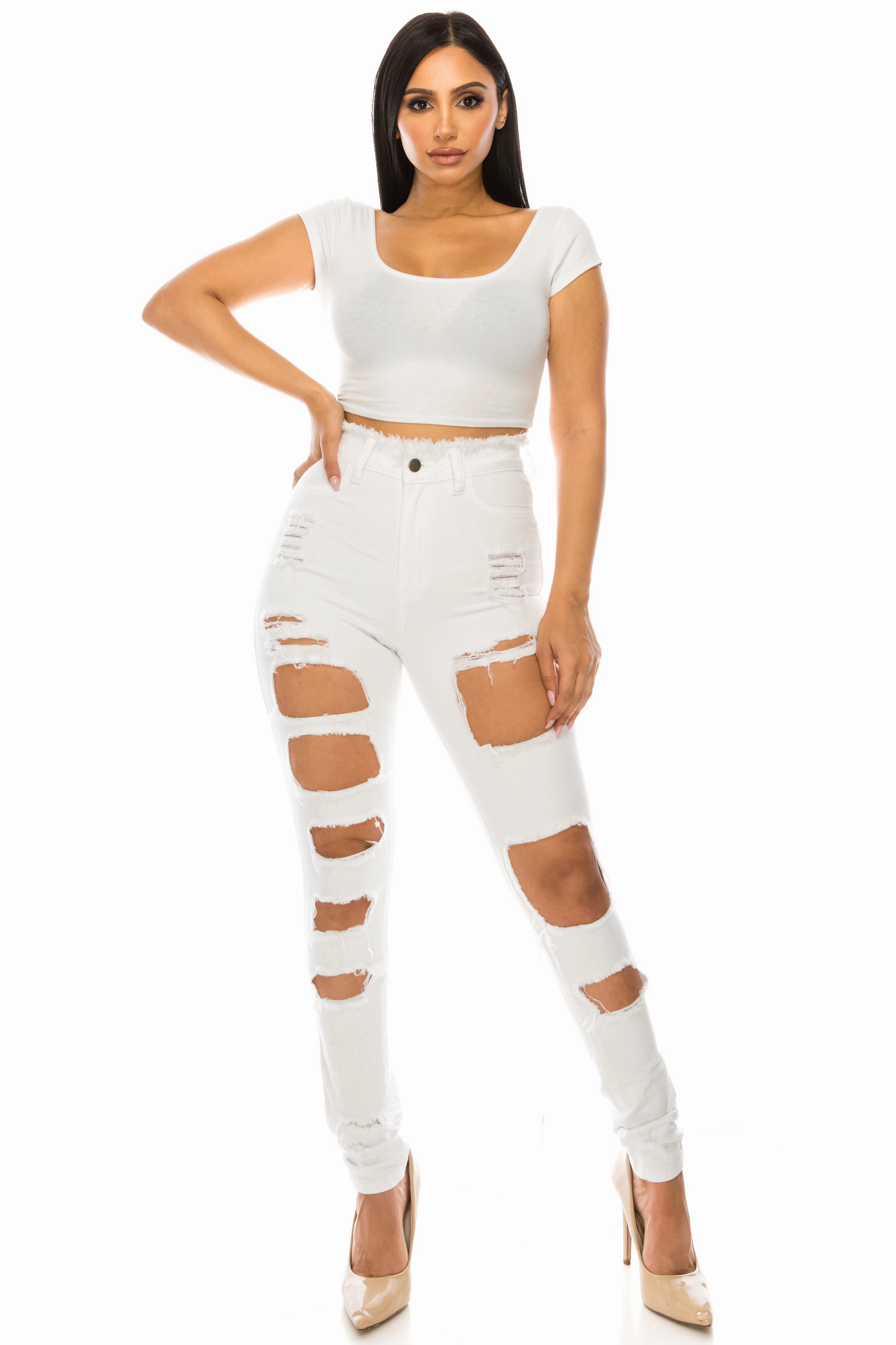 High Quality Holiday Vibes Winter Warmth 4776 Women's High Waisted Distressed Skinny Jeans with Cut Outs