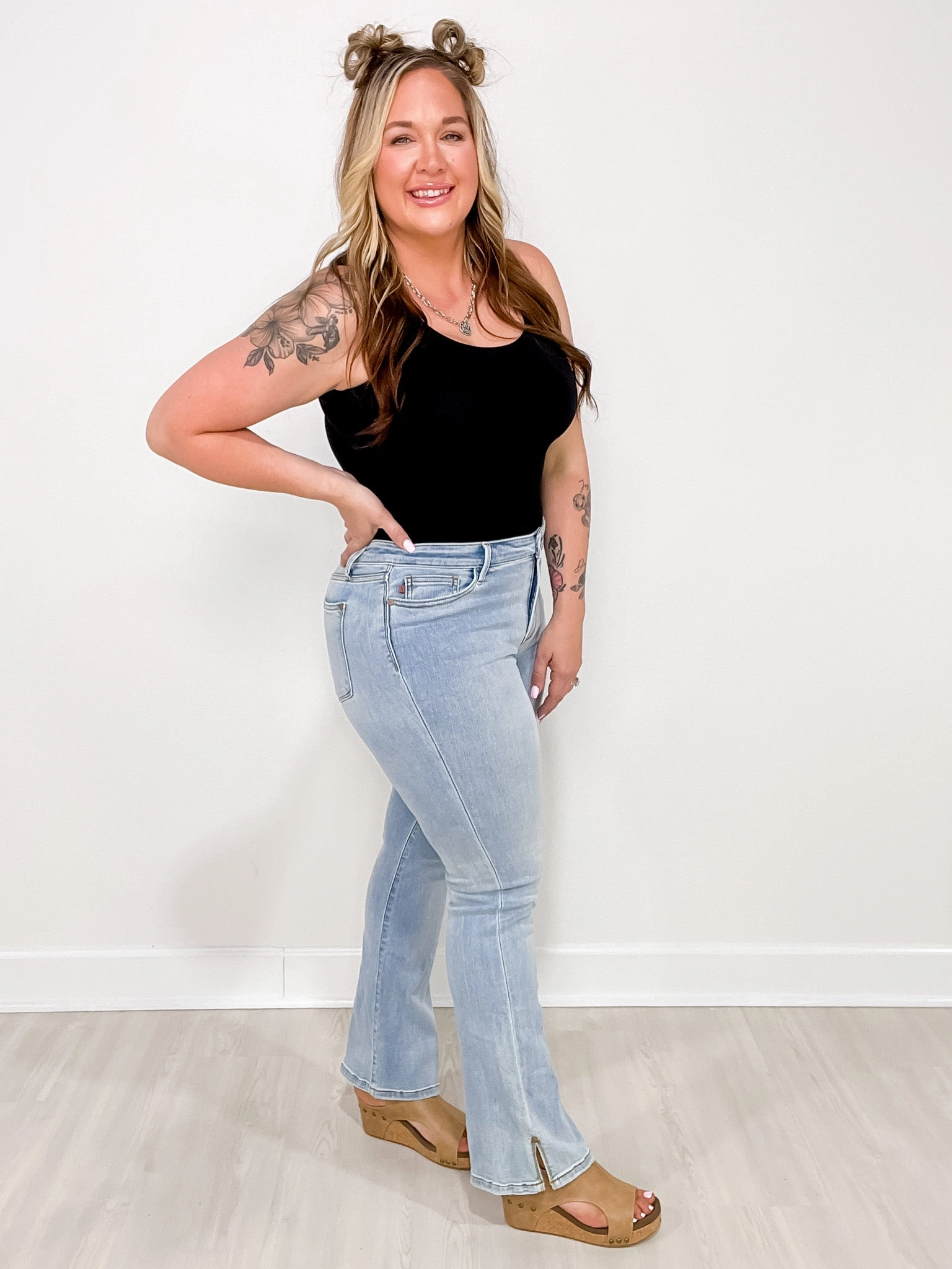 Judy Blue TAYLOR Mid Rise Side Slit Hem Bootcut Denim Jeans Shopping Day Street Fashion Textured Low Effort