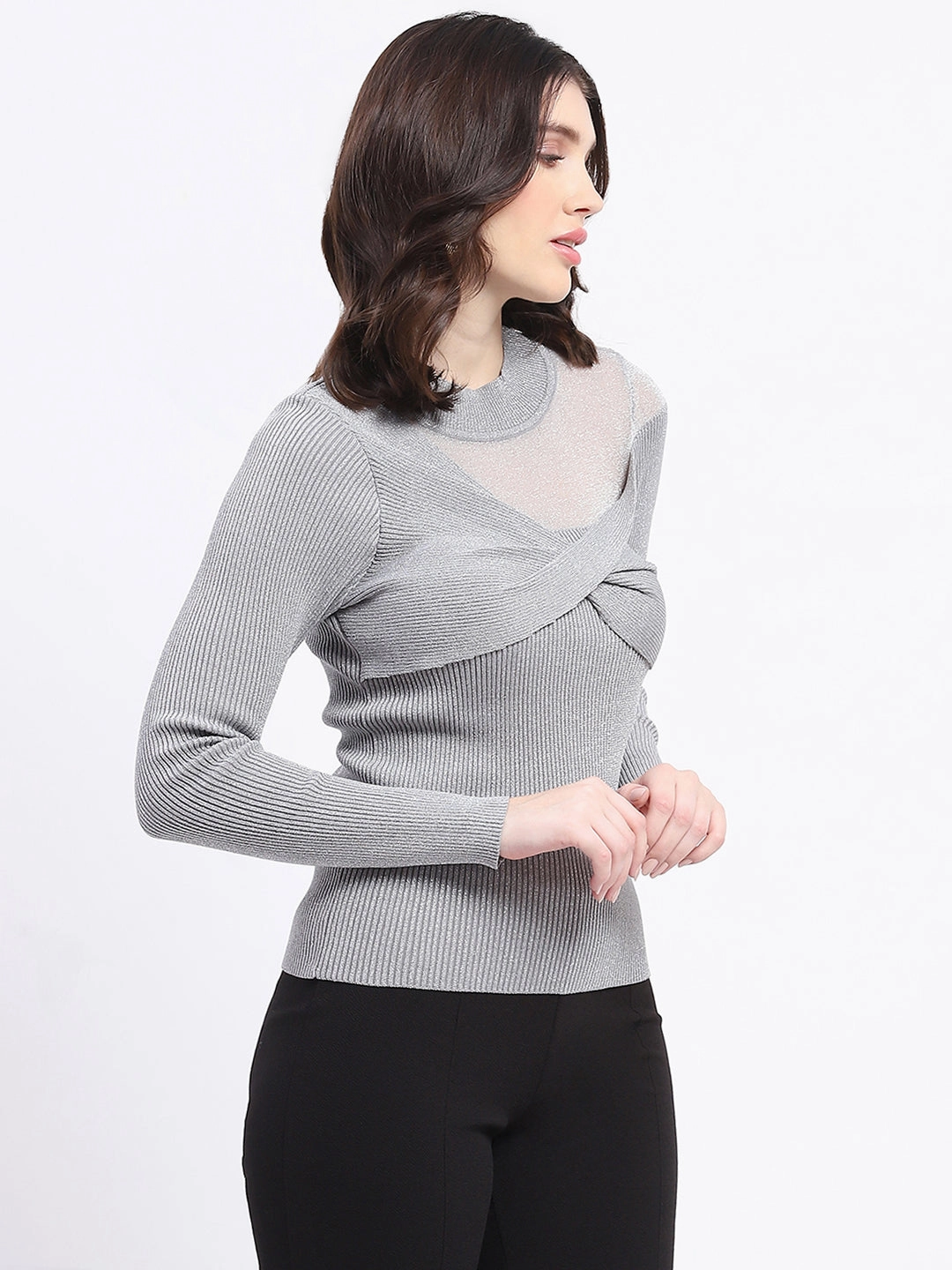 Breathable Layer Fit Madame Shimmery Mock Neck Wrap Grey Sweater