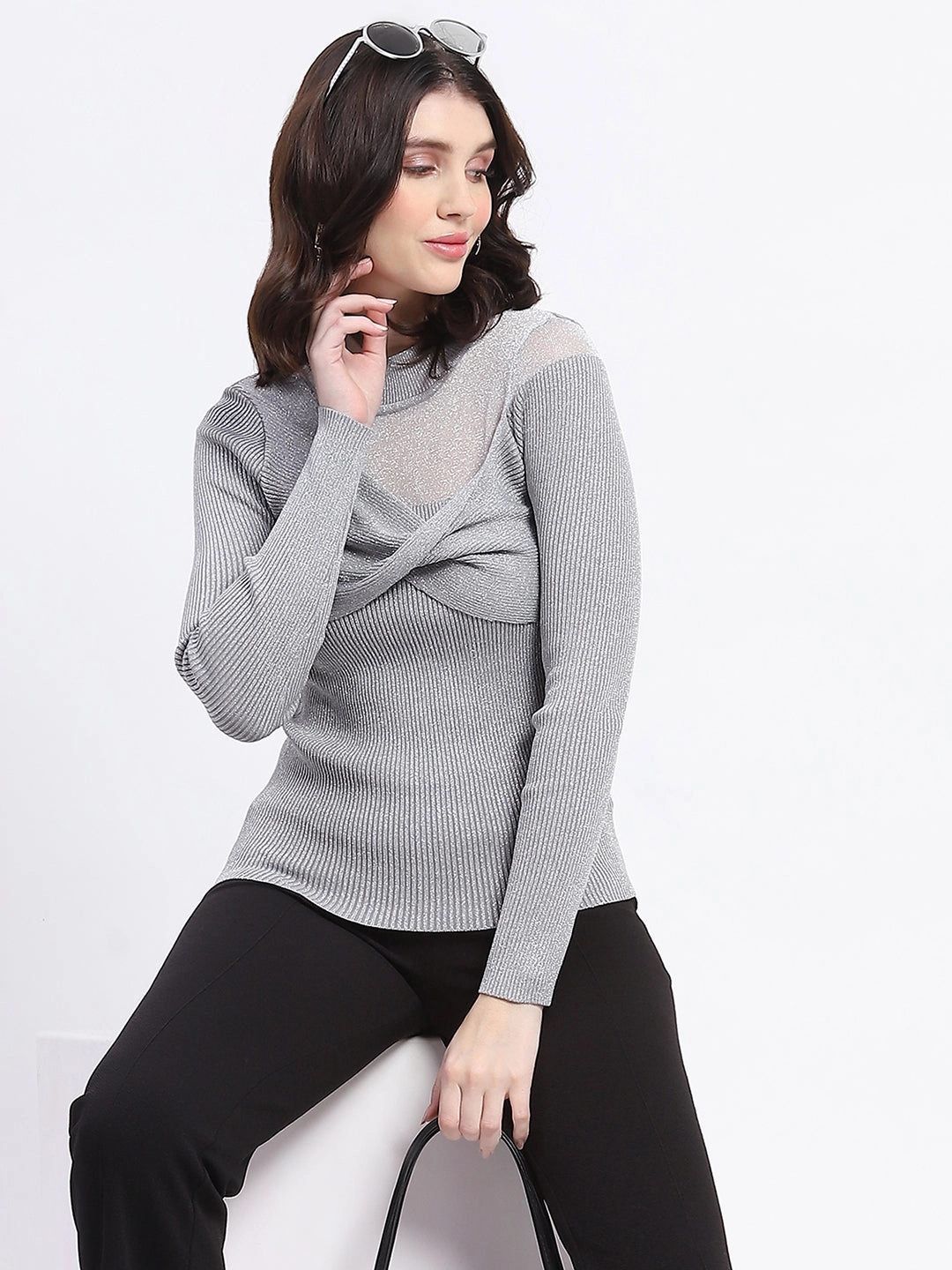Cozy Knit Piece Reinforced Edging Madame Shimmery Mock Neck Wrap Grey Sweater