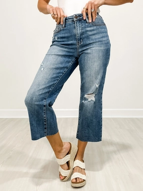 Style Friendly Judy Blue DELLA High-Waist Distressed Wide Leg Crop Jeans