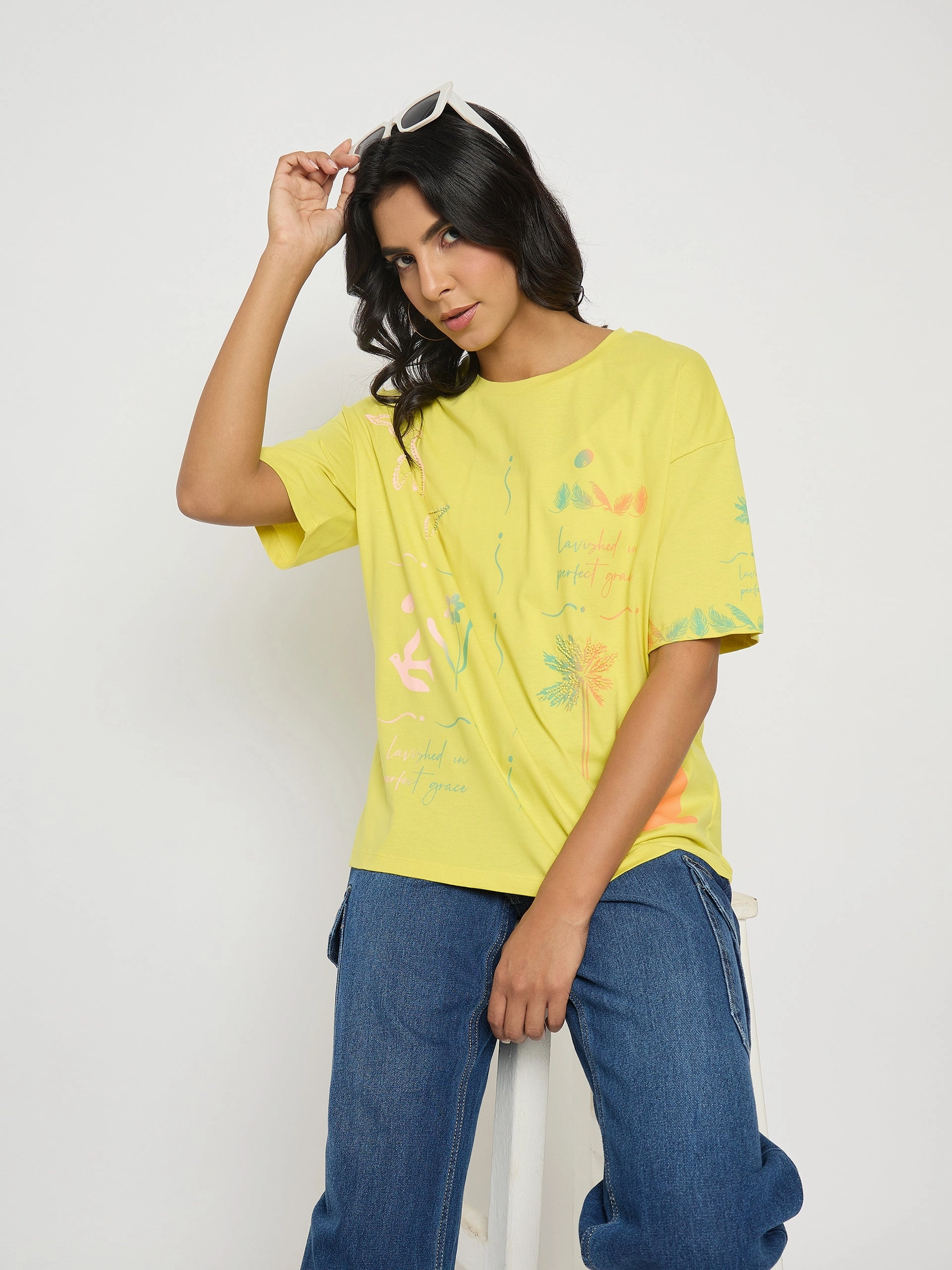 Durable Blend Non Restrictive Fit Madame All Over Print Lemon Yellow T-Shirt