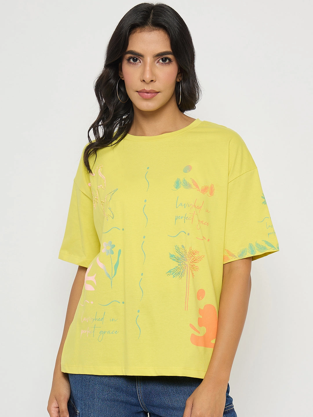 Madame All Over Print Lemon Yellow T-Shirt Stretch Waistband Design PlushLining