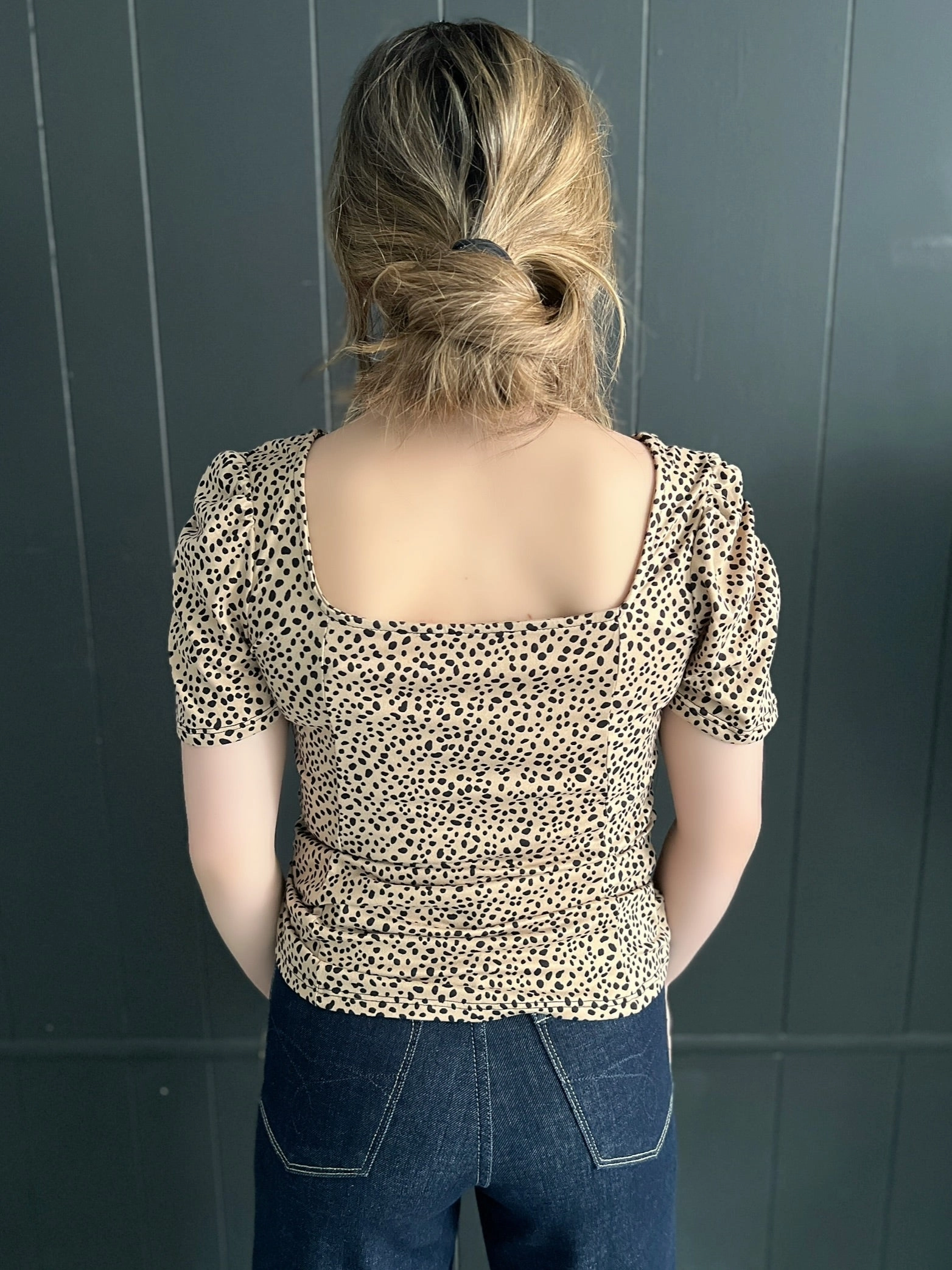 Cheetah Print Square Neck Short Sleeve Top VentilatedBack