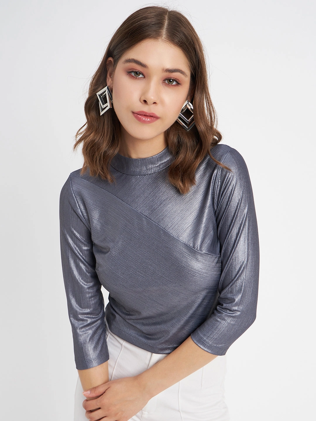 Madame Shimmering Asymmetrical Seam Detail Navy Blue Top Pocket Reinforcement Bound Edges