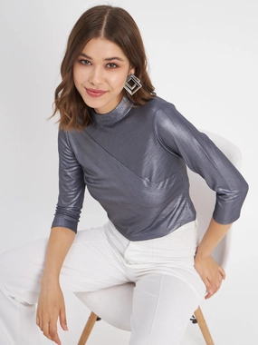 Madame Shimmering Asymmetrical Seam Detail Navy Blue Top SoftTouchFinish