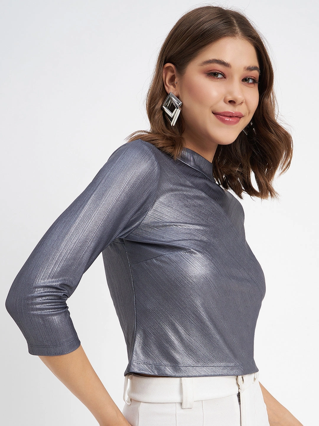 Madame Shimmering Asymmetrical Seam Detail Navy Blue Top Adaptive Waistband