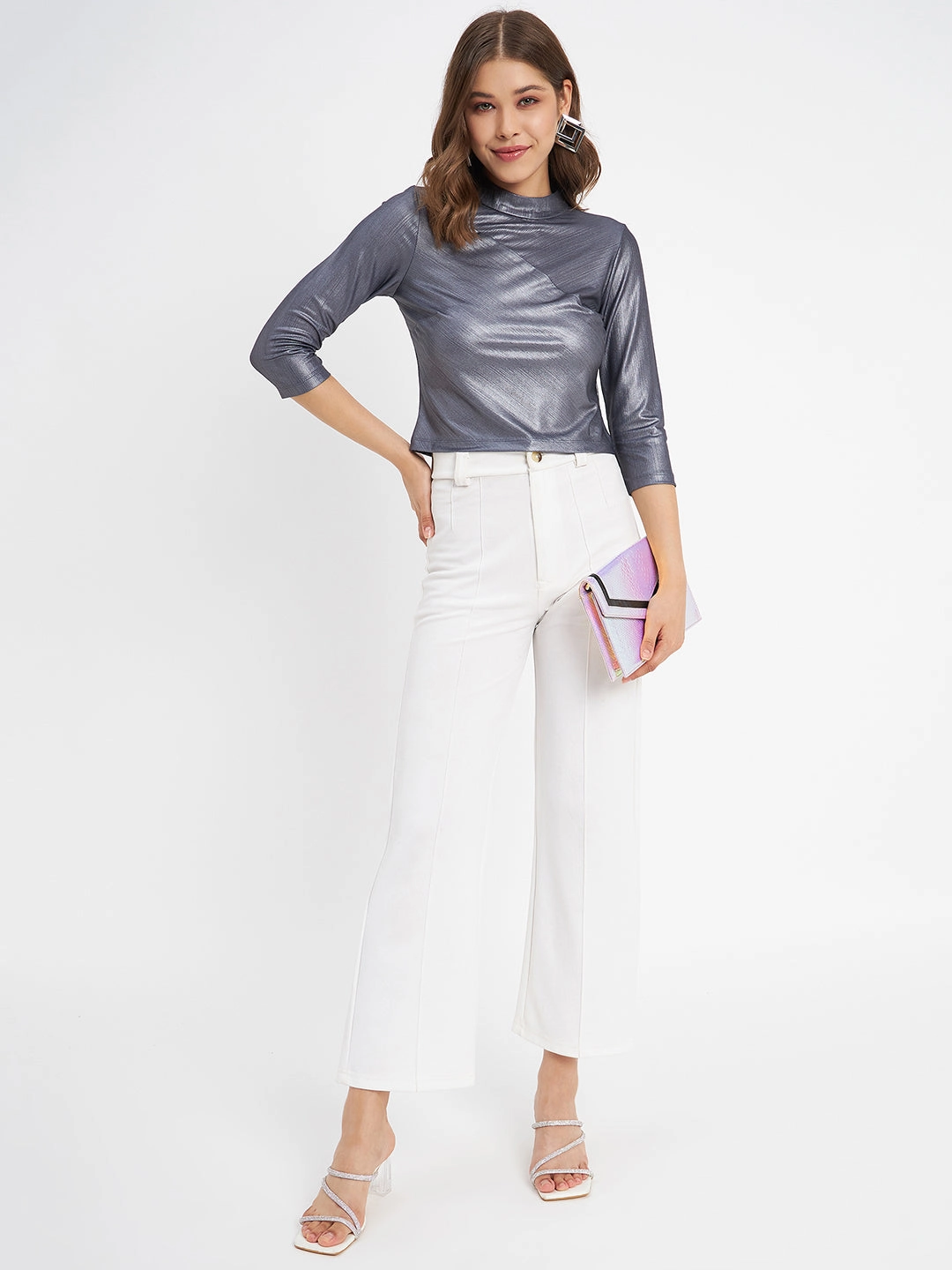 Madame Shimmering Asymmetrical Seam Detail Navy Blue Top TearResistant LayeredDurability