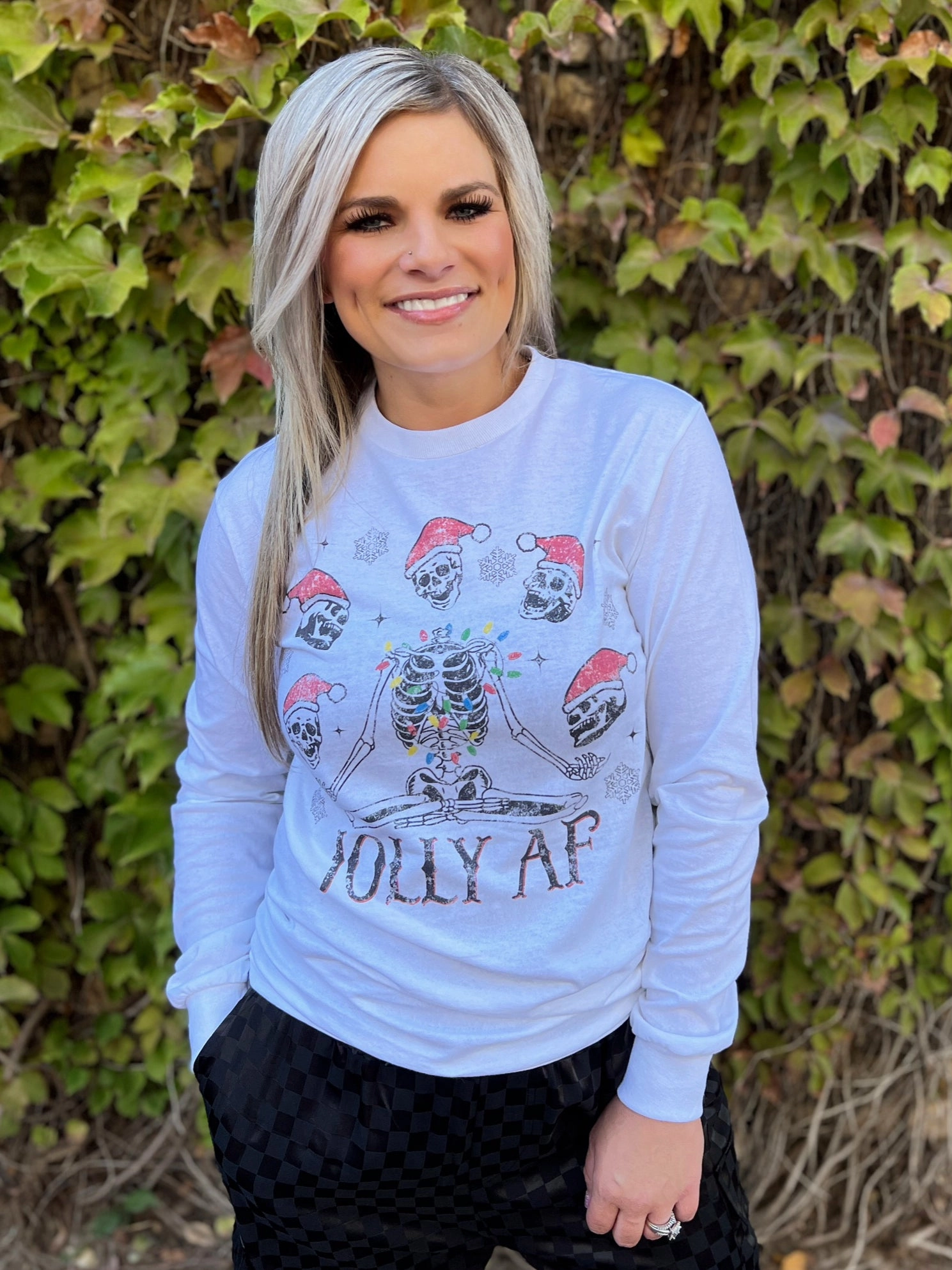 Jolly Skeleton Christmas Long Sleeve Tee* Double Layered Hem Reinforcement EthicallySourced