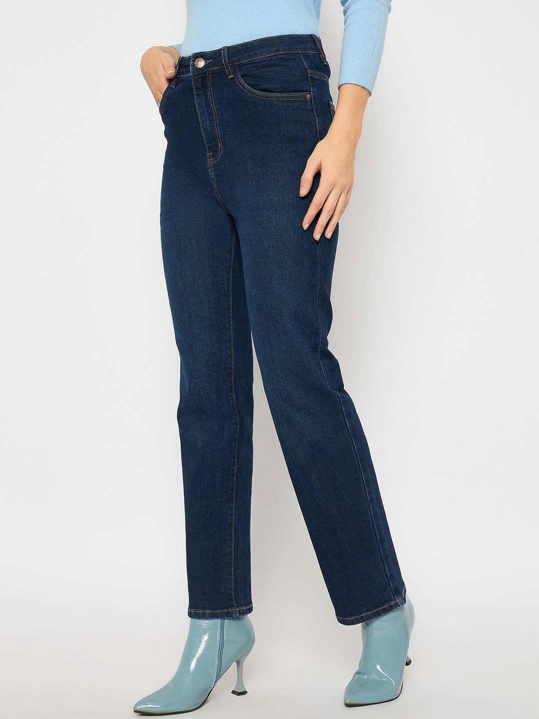 Madame Cotton Blend Stone Wash Straight Fit Dark Blue Denim Jeans Relaxed Style City Walk Trend Setter