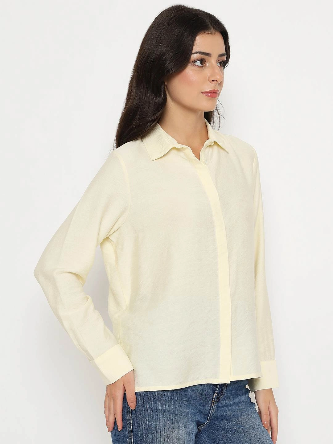 Madame Textured Solid Cream Rayon Blend Shirt Trendsetting Design