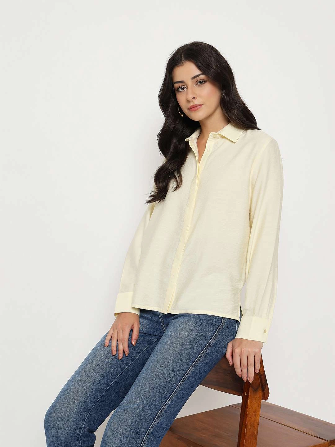 Madame Textured Solid Cream Rayon Blend Shirt Artistic Design Ombre look