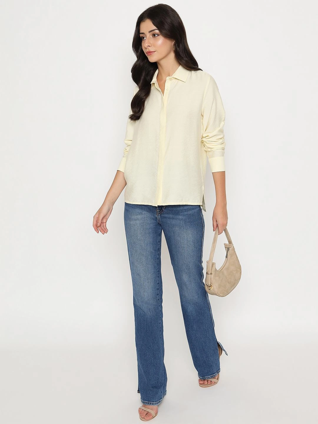 Madame Textured Solid Cream Rayon Blend Shirt Smooth Stitch Pattern