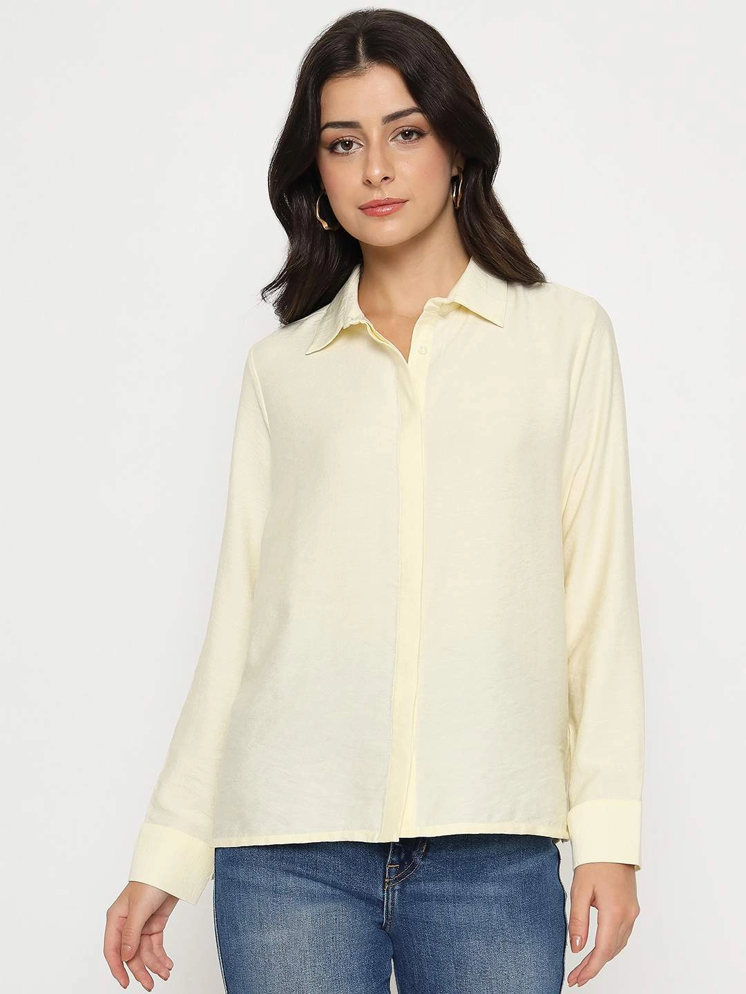 Anti Static Treatment Adjustable Cuffs Madame Textured Solid Cream Rayon Blend Shirt