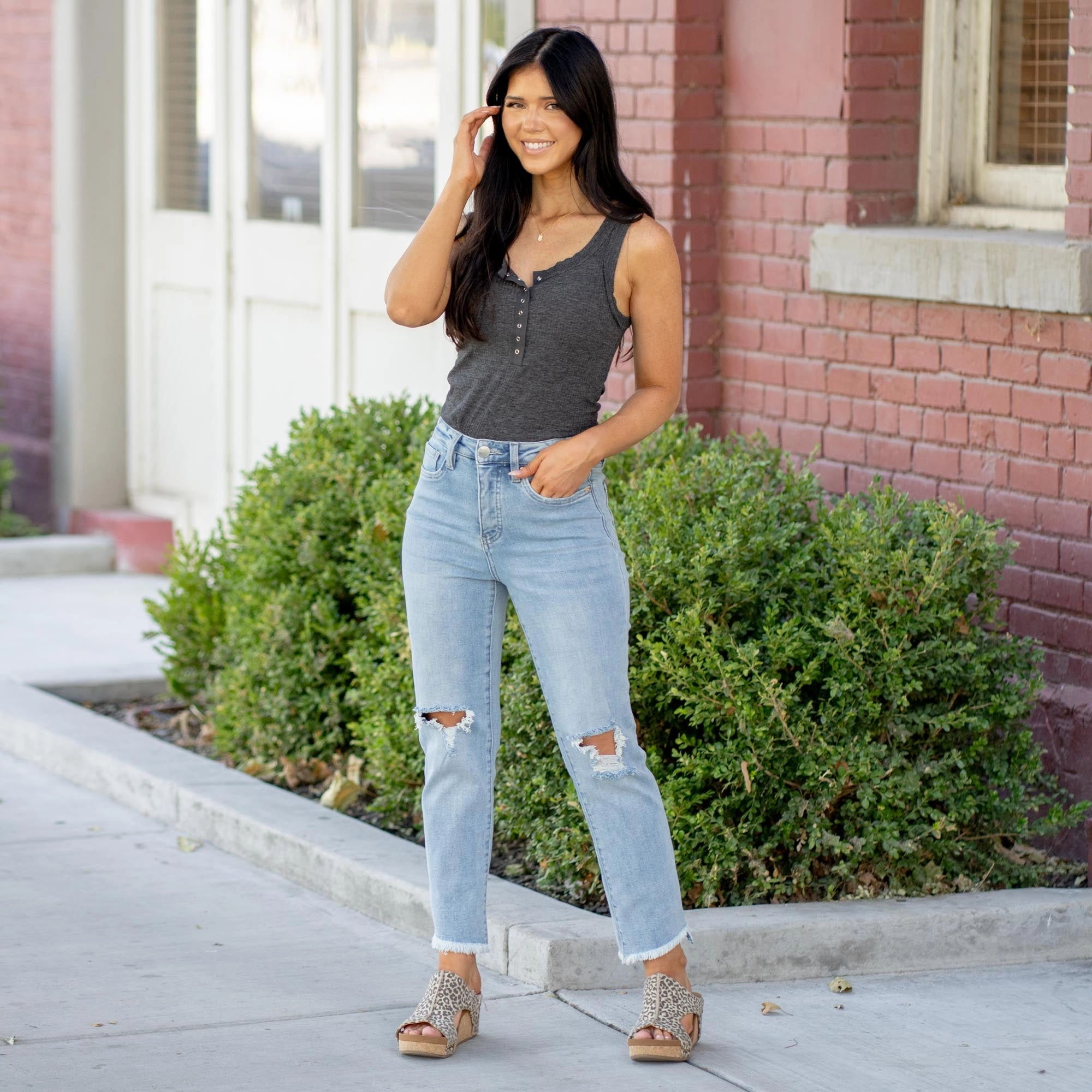 Casual Look Dylan Tummy Control Top High Rise Slim Straight Crop Fray Hem